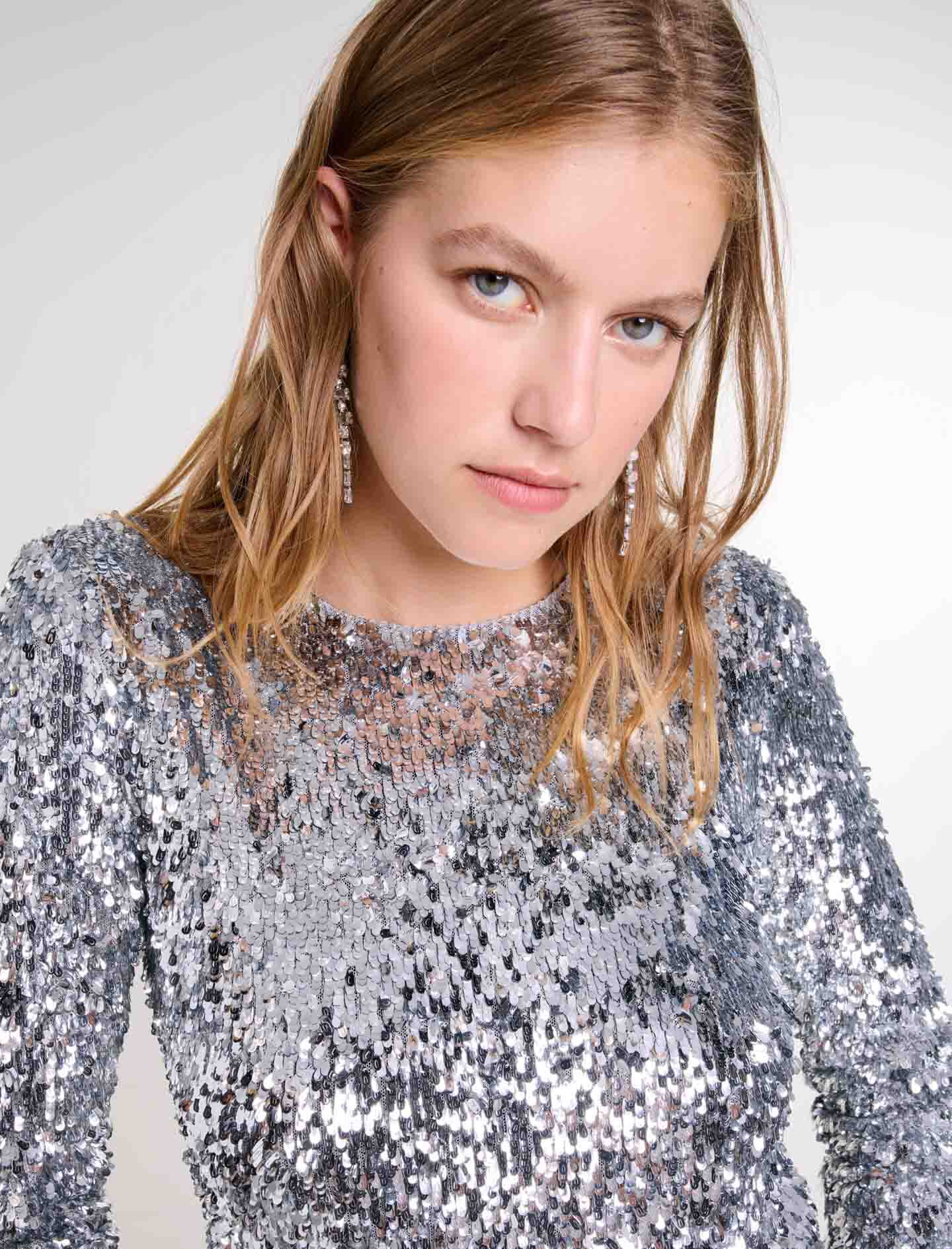 Long-sleeved sequinned top Black / Gray For Women | Maje