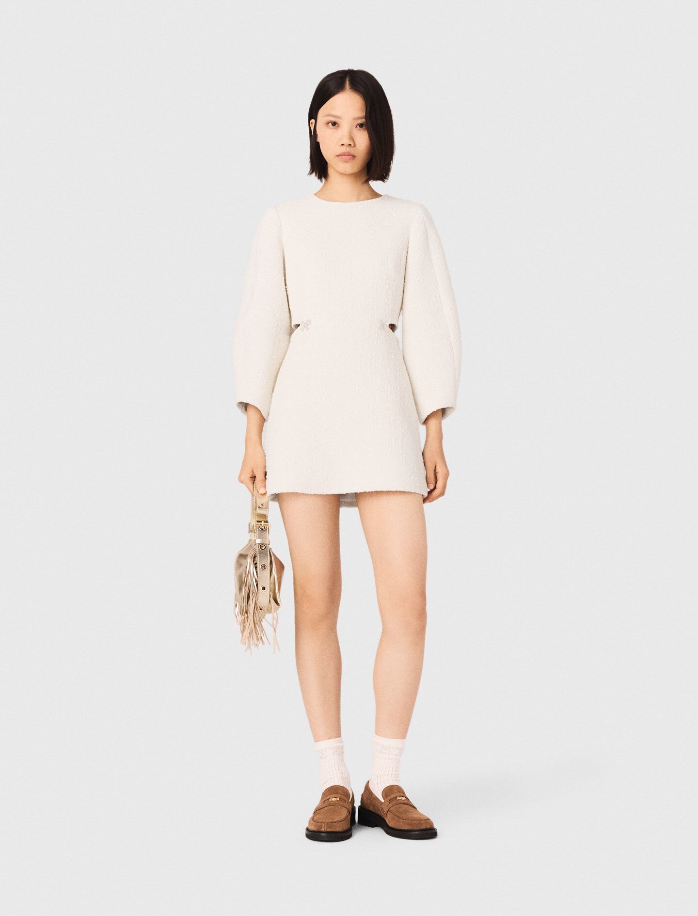 Short balloon-sleeve tweed dress White For Women | Maje