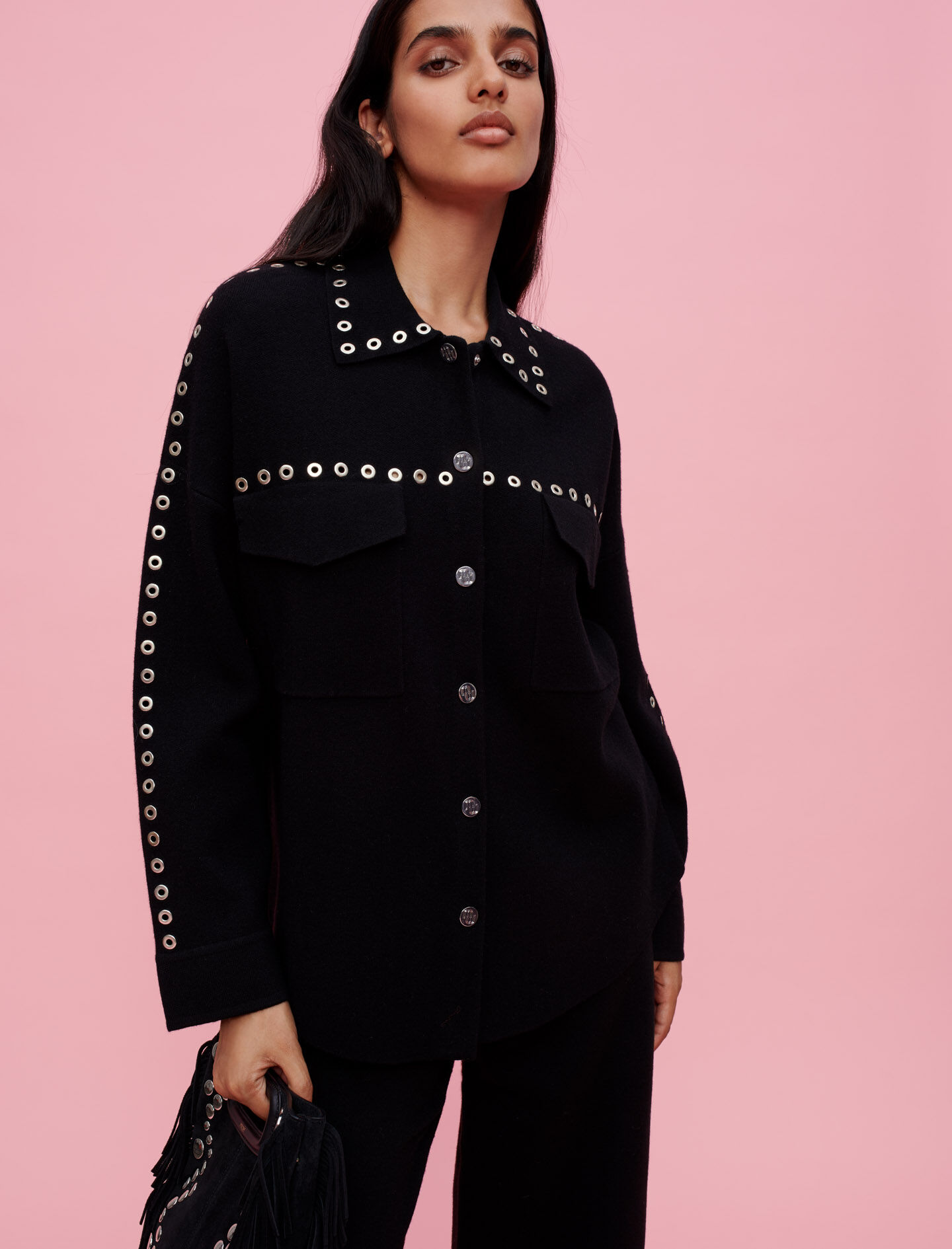 Knit overshirt with eyelets