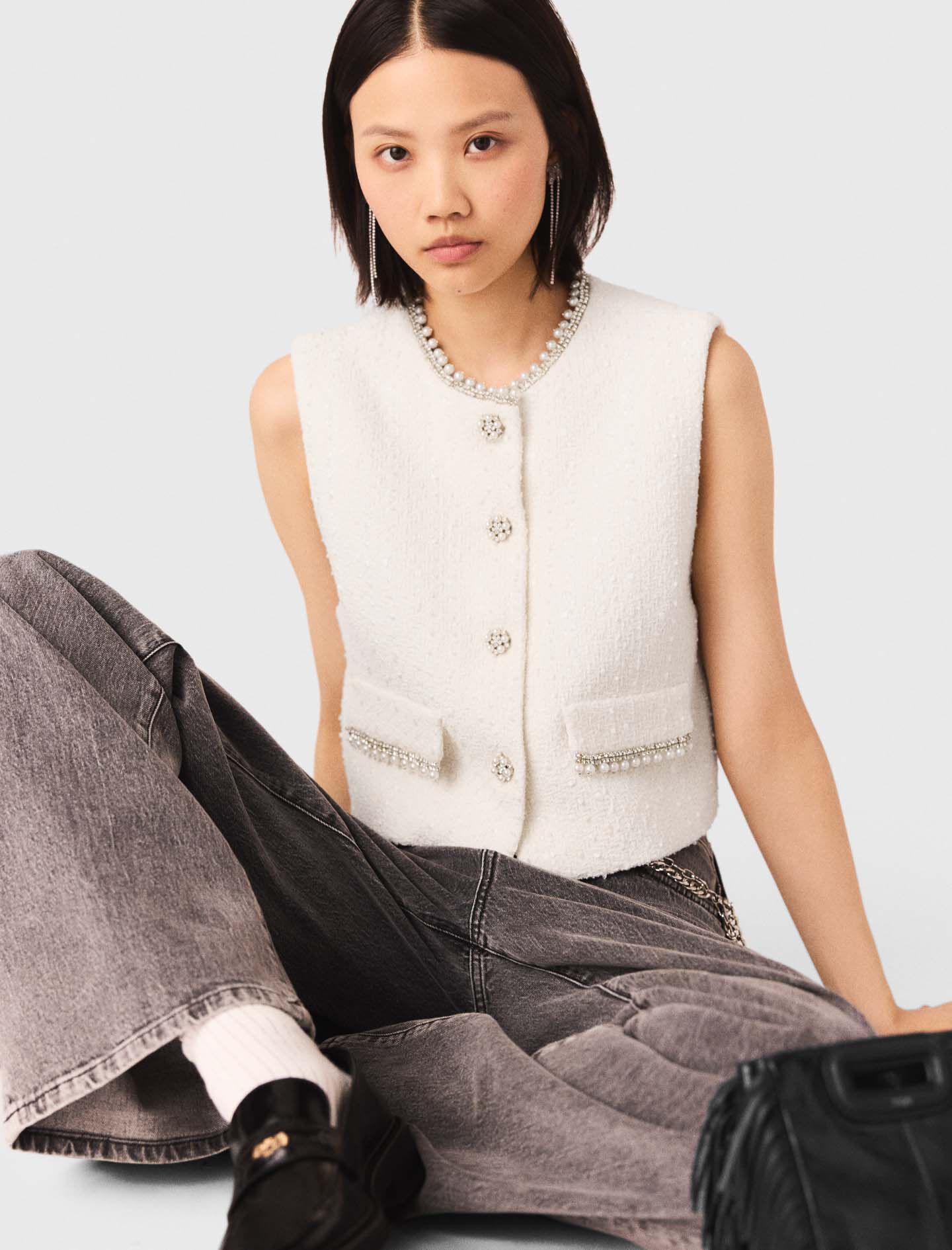 Tweed vest with pearl trim White For Women | Maje