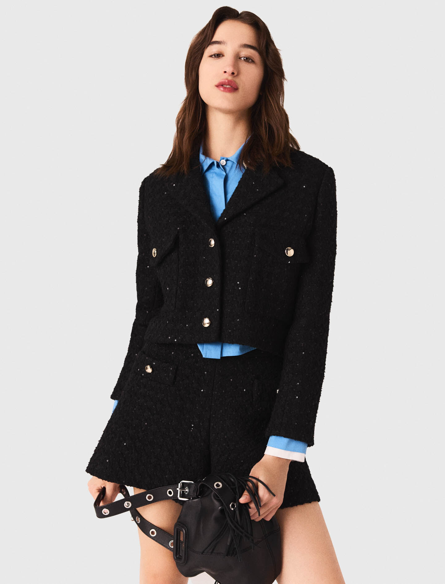 Short rhinestone tweed jacket Black / Gray For Women | Maje