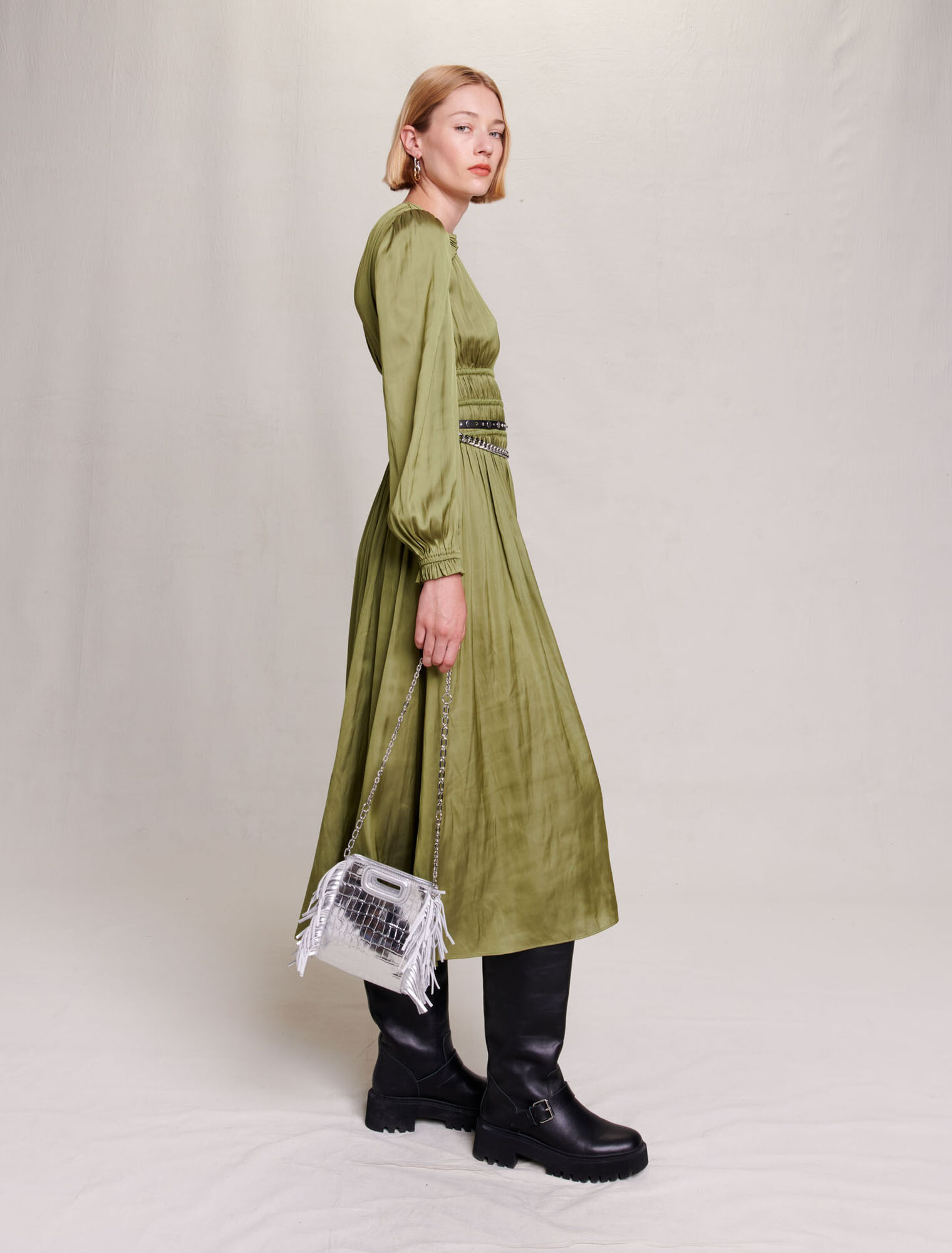 Satin-effect ruffled midi dress