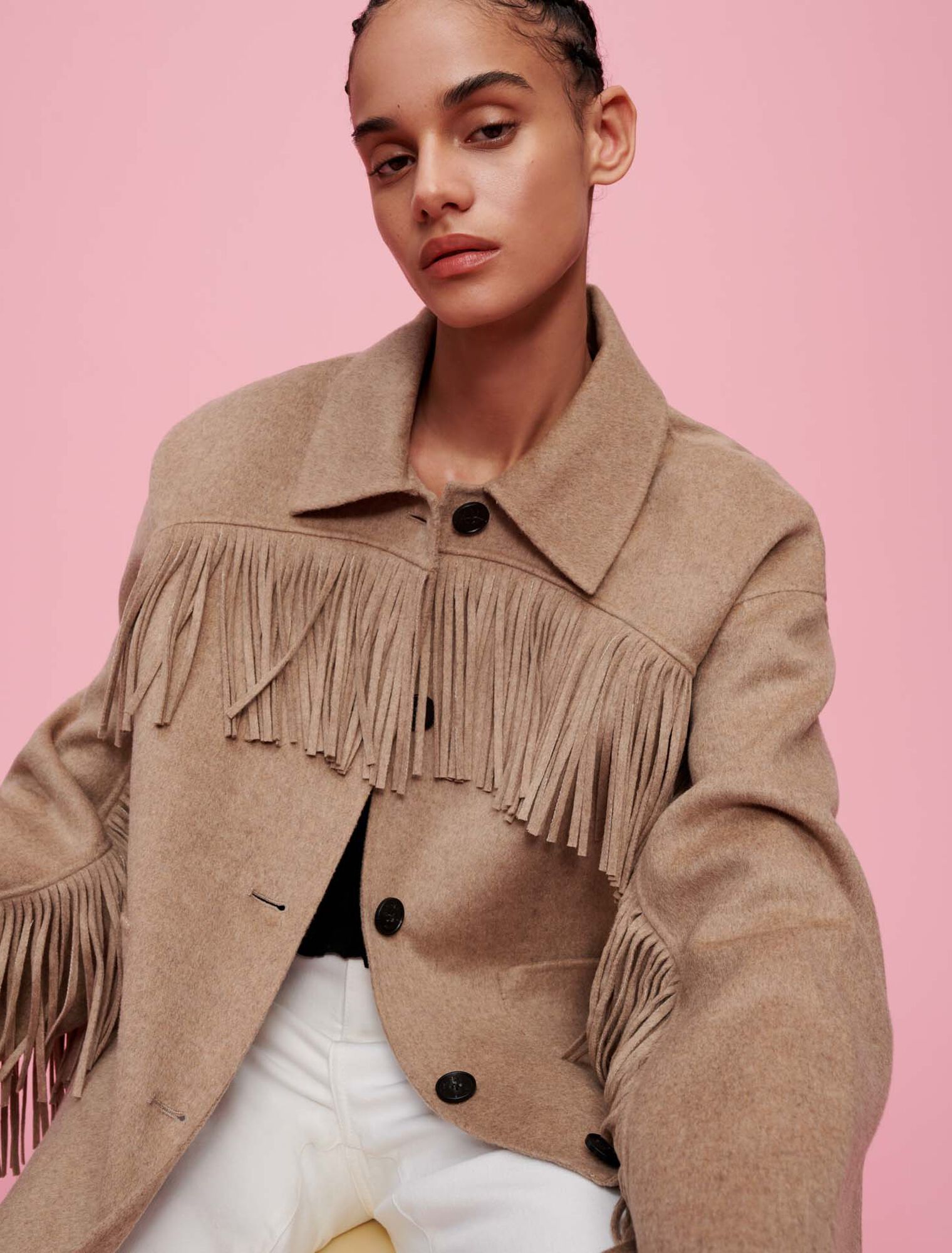 Double-faced coat with fringing