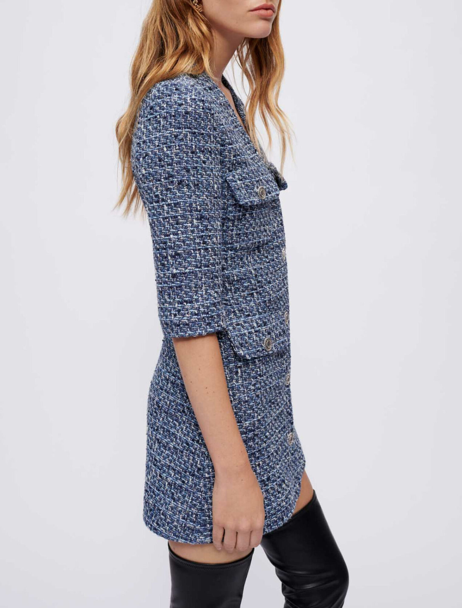 Short tweed dress with accentuated waist