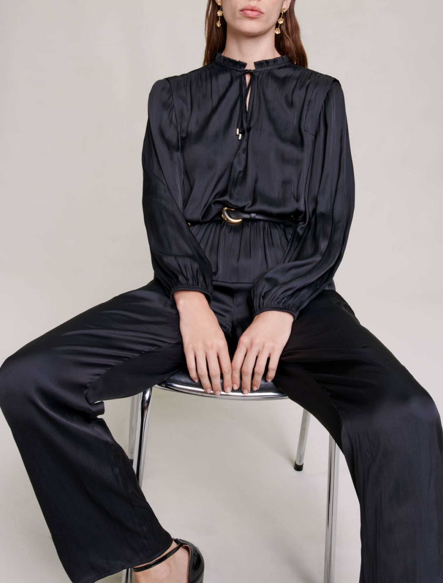 Long black cinched jumpsuit