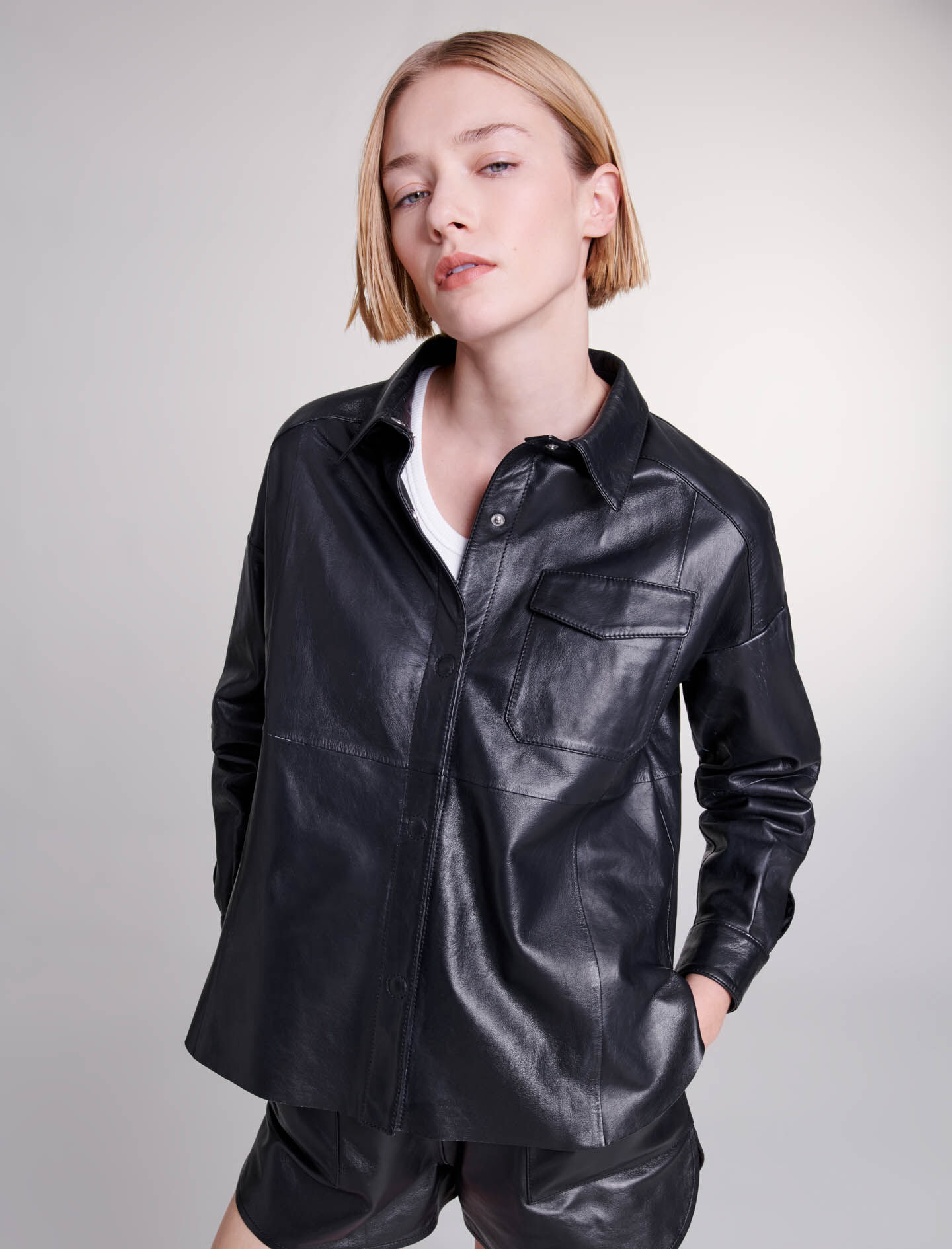 AMERI×Nハリ　FAKE LEATHER SHIRT JACKET Leather shirt