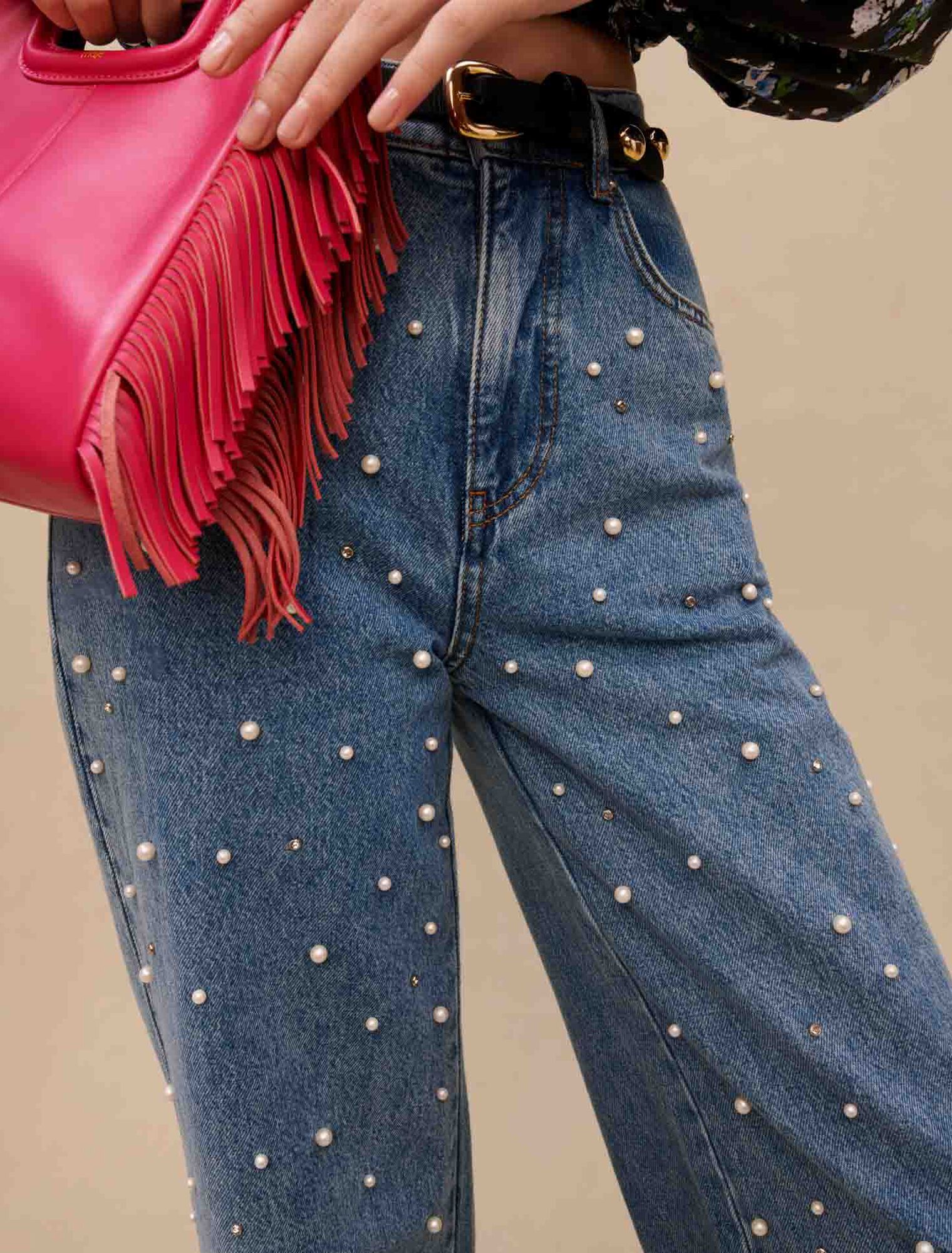 Wide-leg jeans with bead embellishment