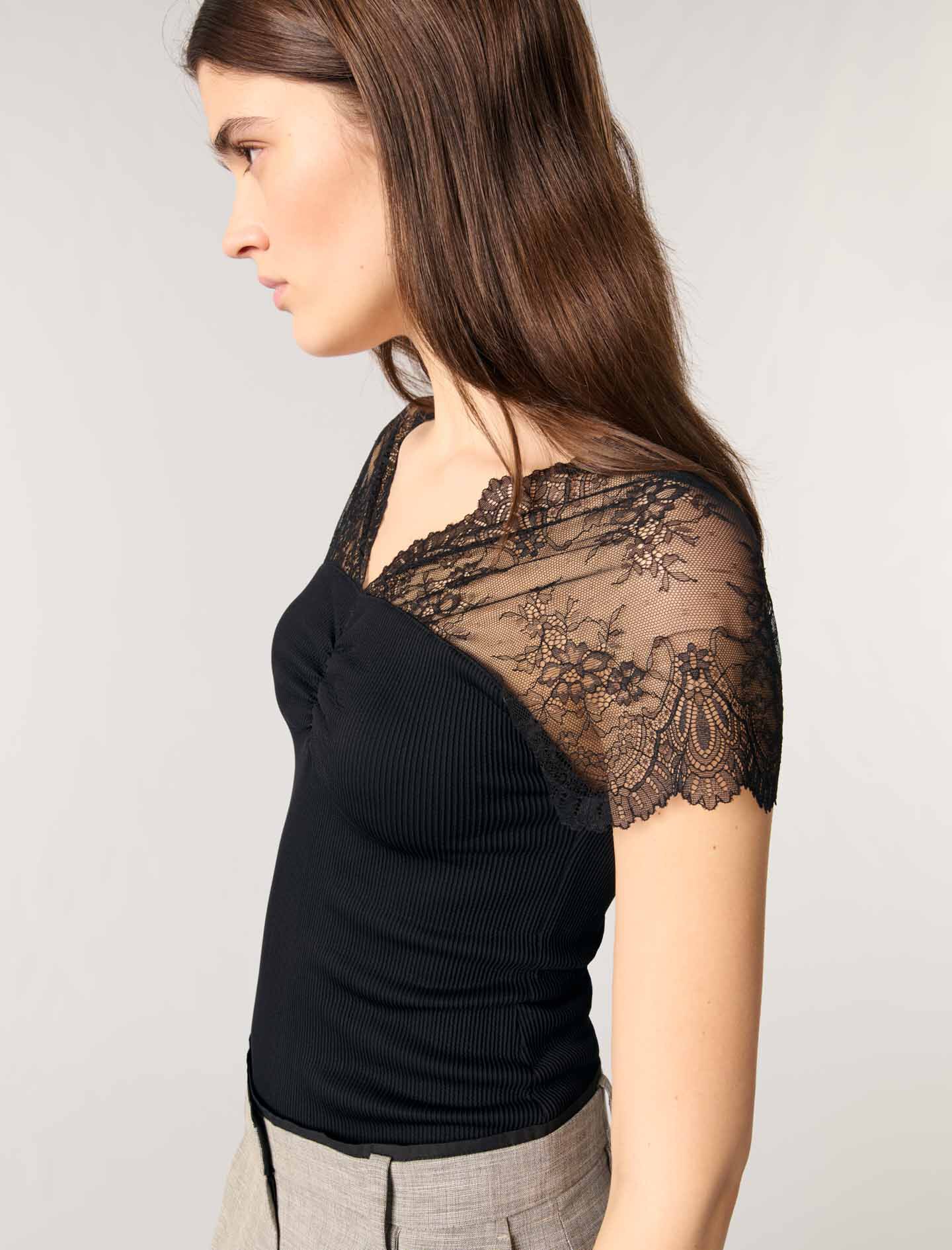 Jersey top with lace trim Black / Gray For Women | Maje