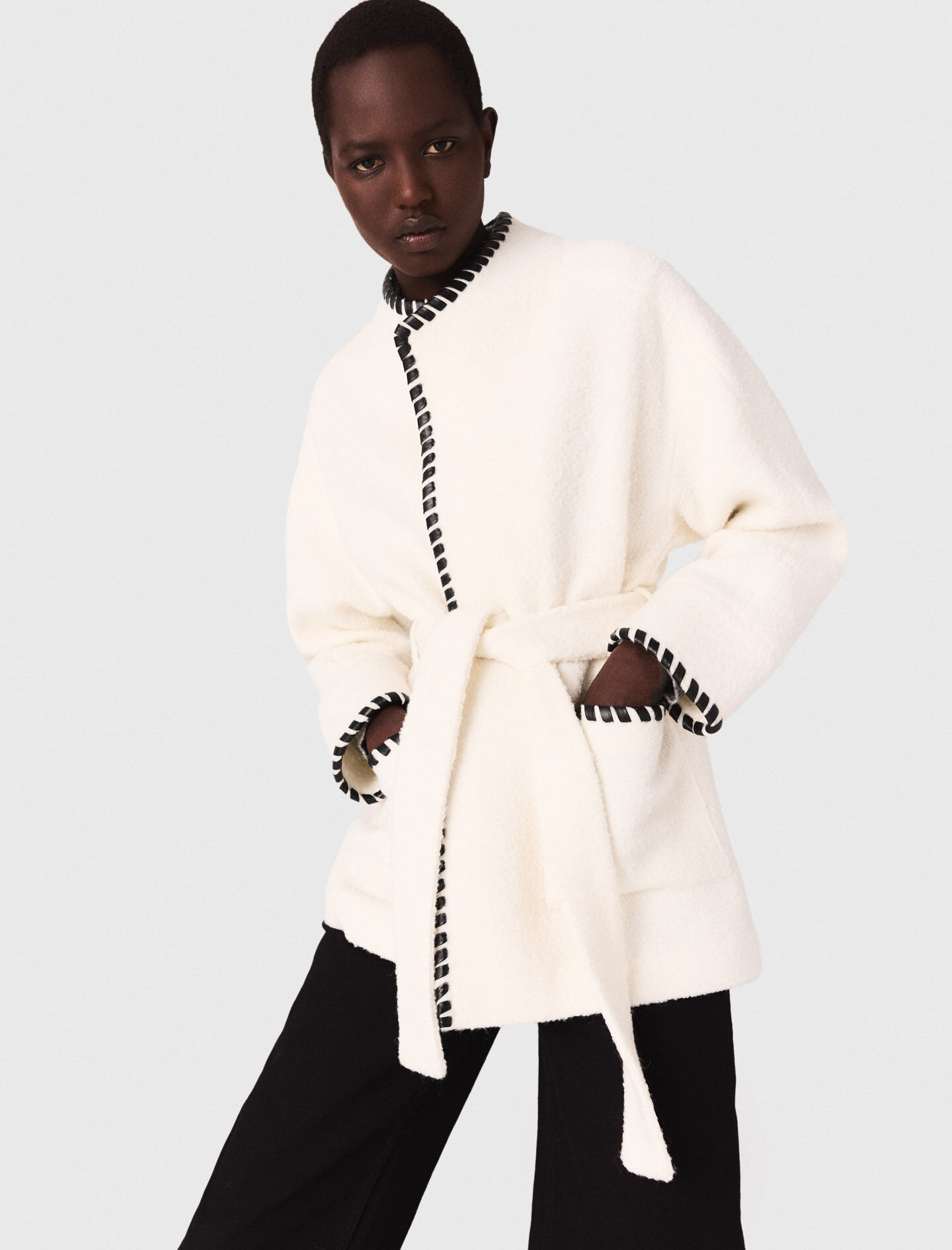 Lined coat with contrasting ribbon Bicolor For Women | Maje