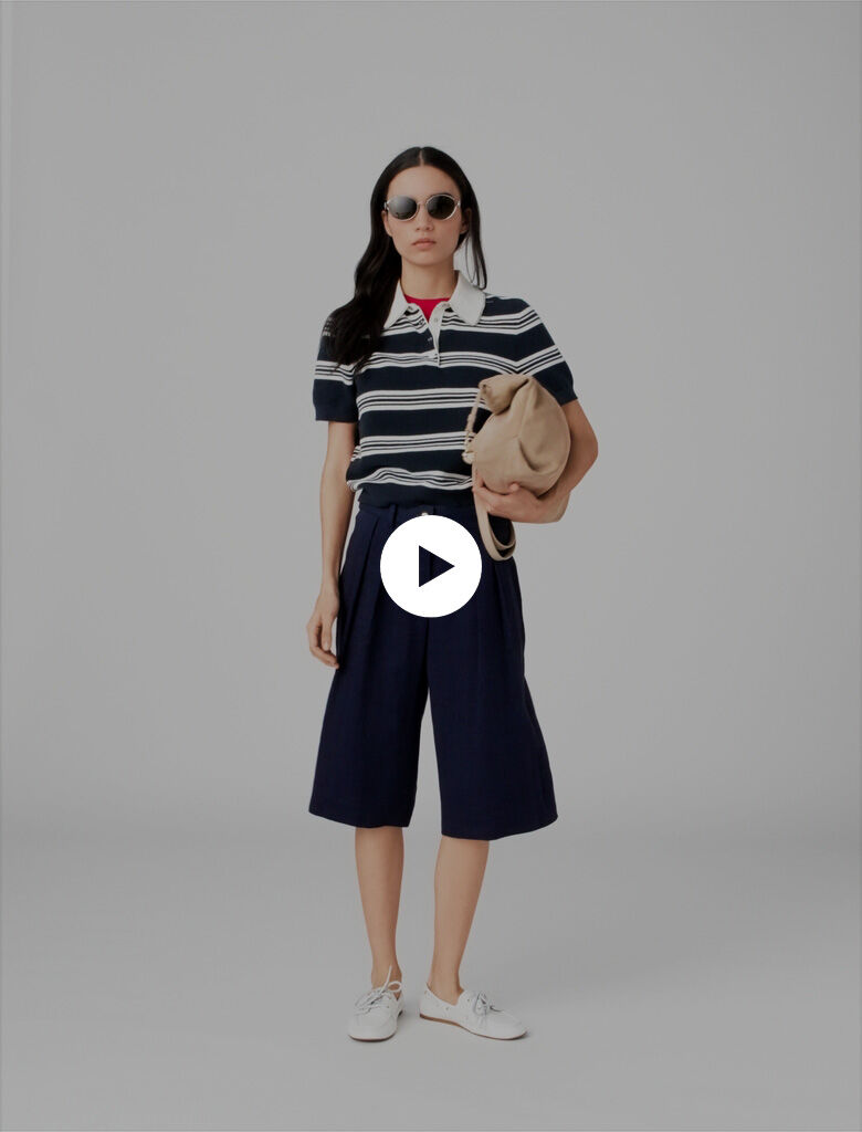 Striped polo with rhinestone collar Ecru For Women | Maje