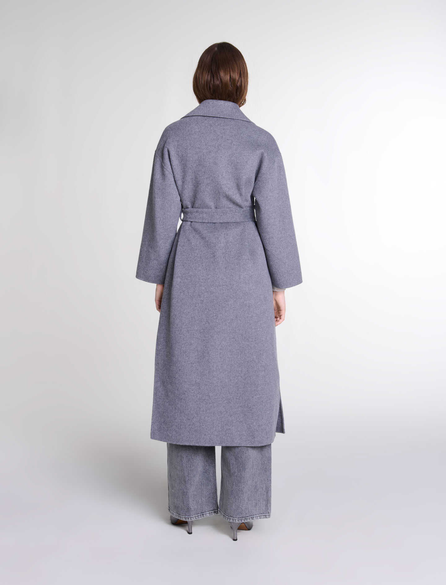 Long double-faced coat with belt Black / Gray For Women | Maje Long double-faced coat with belt Black / Gray For Women | Maje