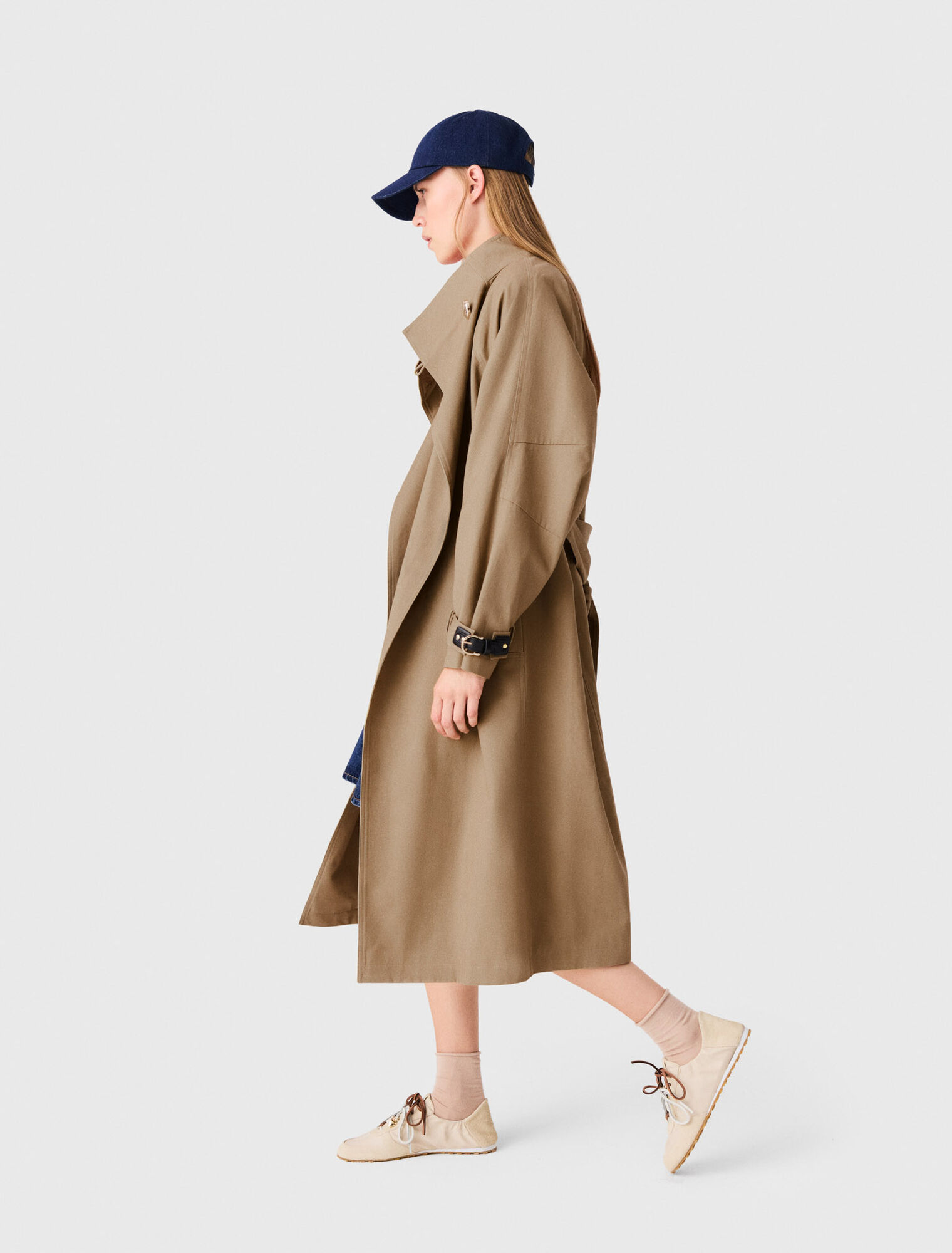 Long belted trench with gold buttons