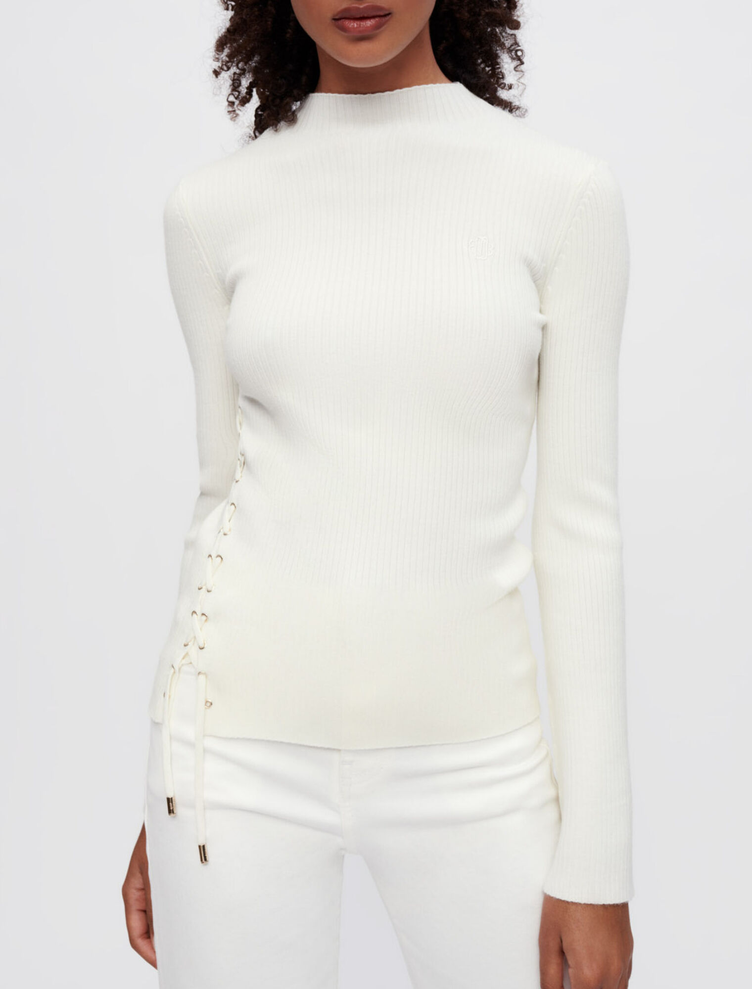 Ribbed sweater with gold metal eyelets White For Women | Maje
