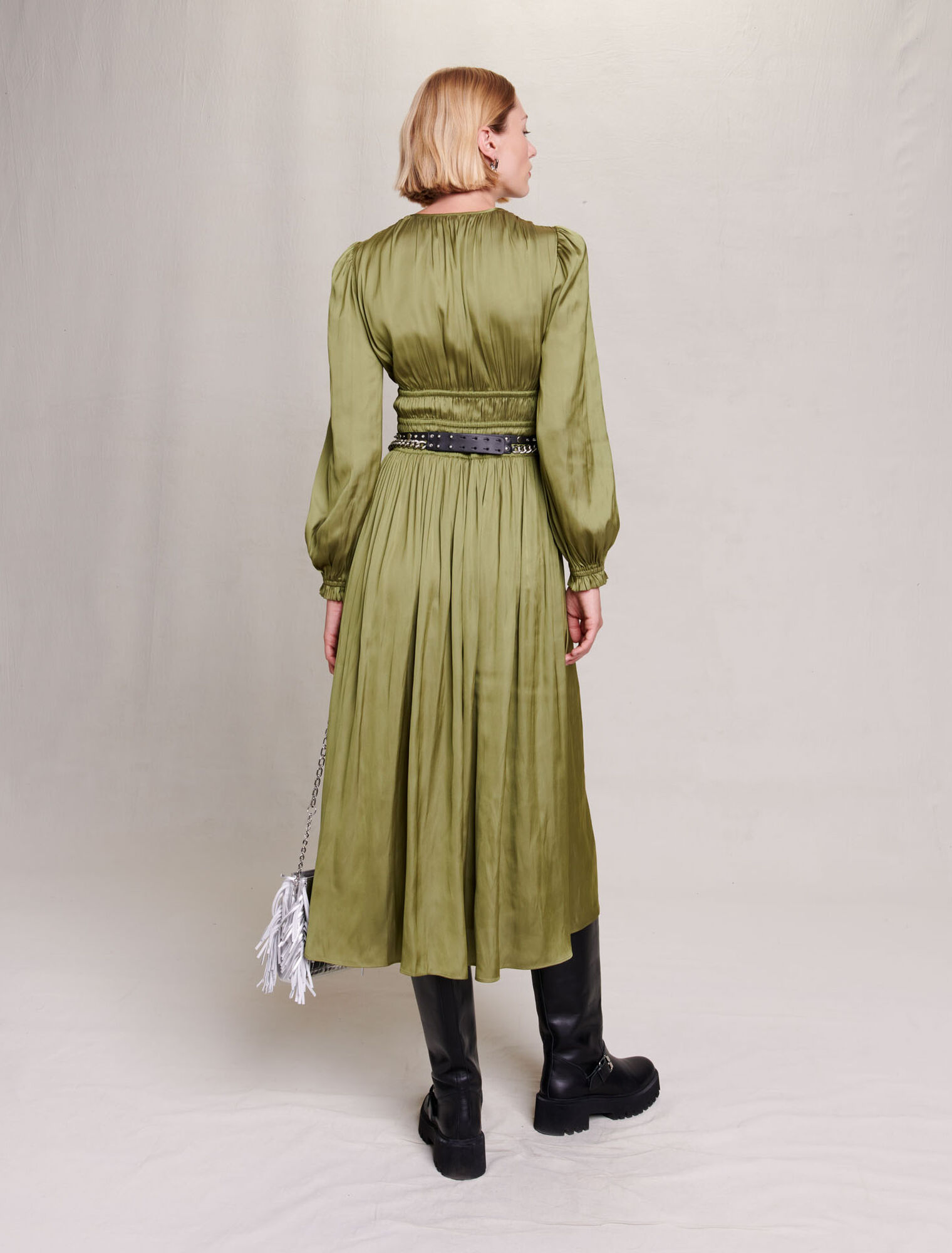 Satin-effect ruffled midi dress