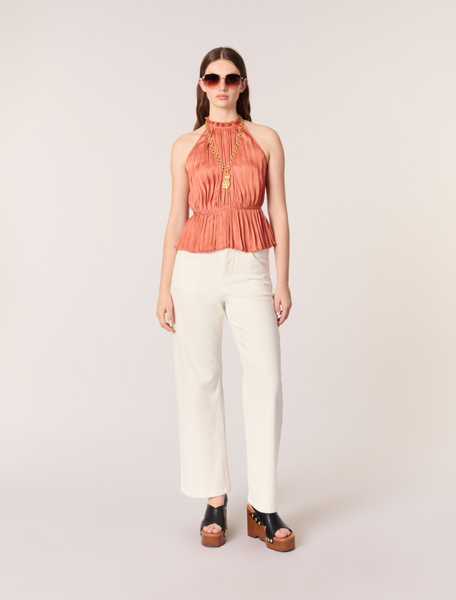 Sleeveless pleated halter top