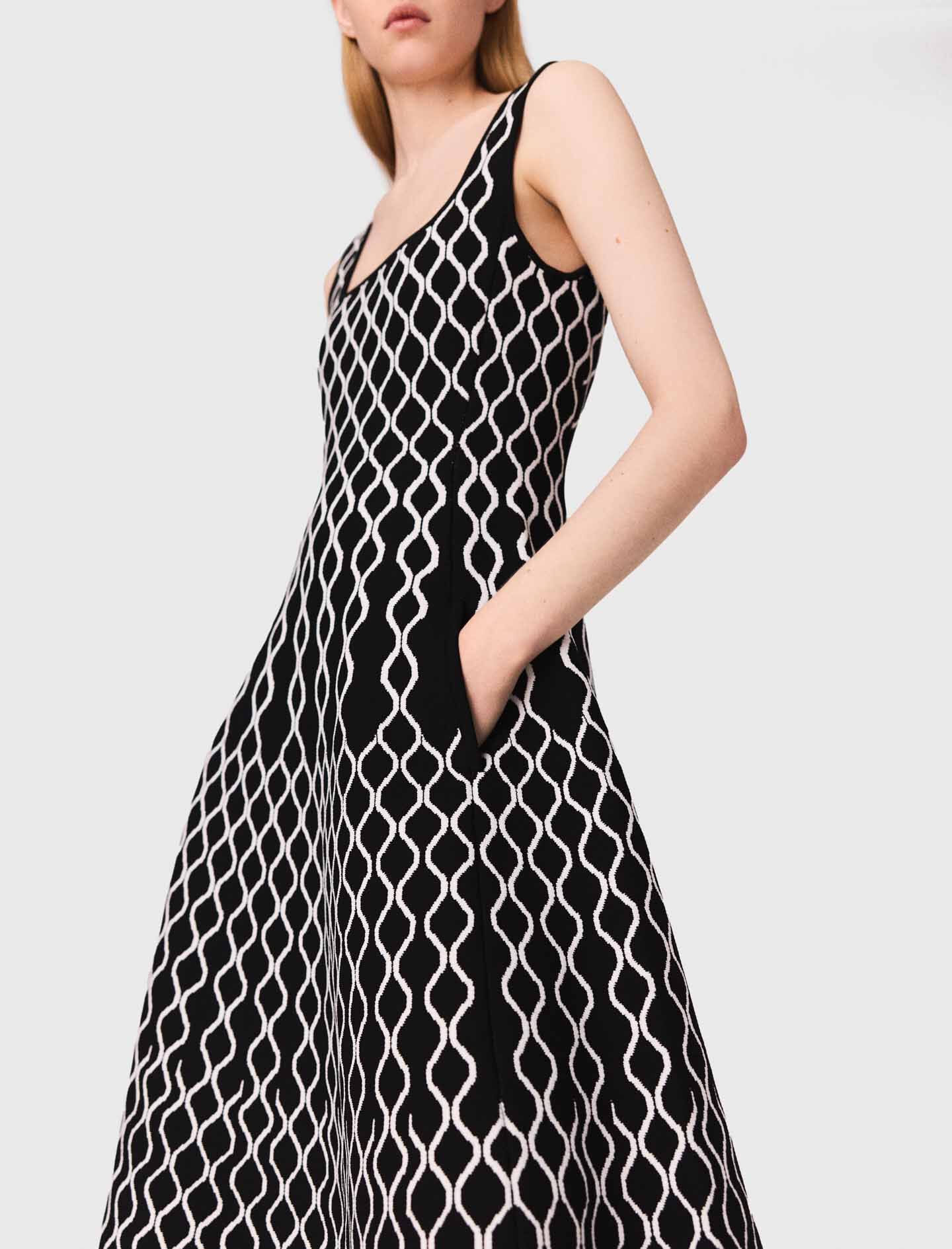MAJE [マージ] Pearl Trimming Check Knit Dress Jacquard knit midi dress Bicolor For Women | Maje
