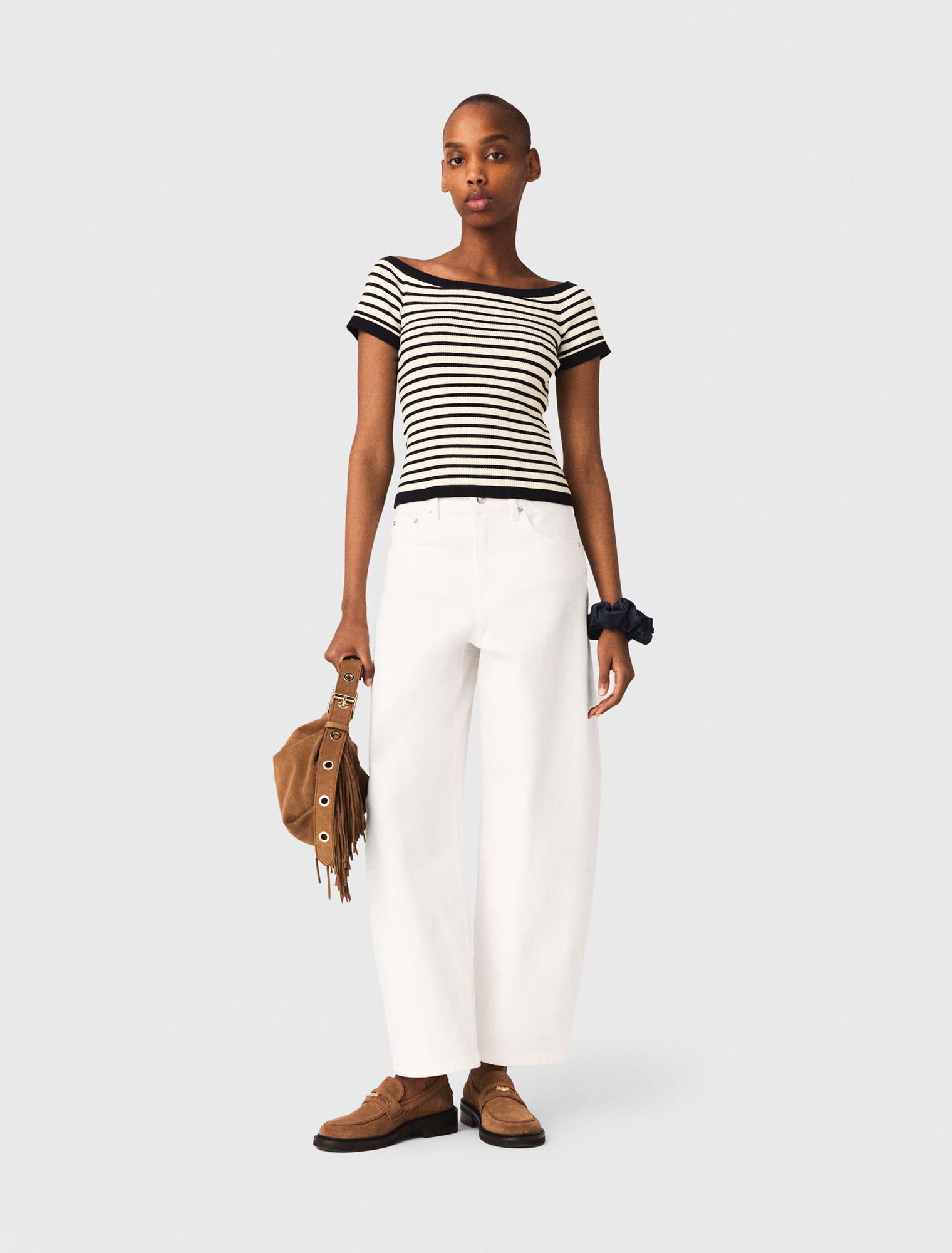 Rib knit short sleeve boat neck top