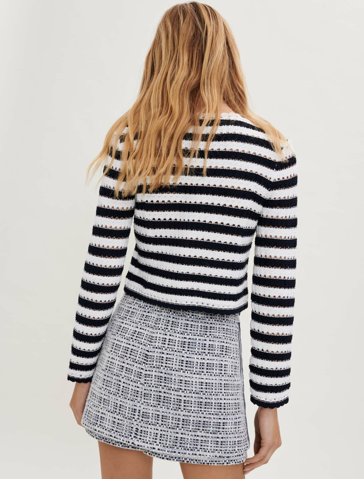 Striped crochet-effect cardigan