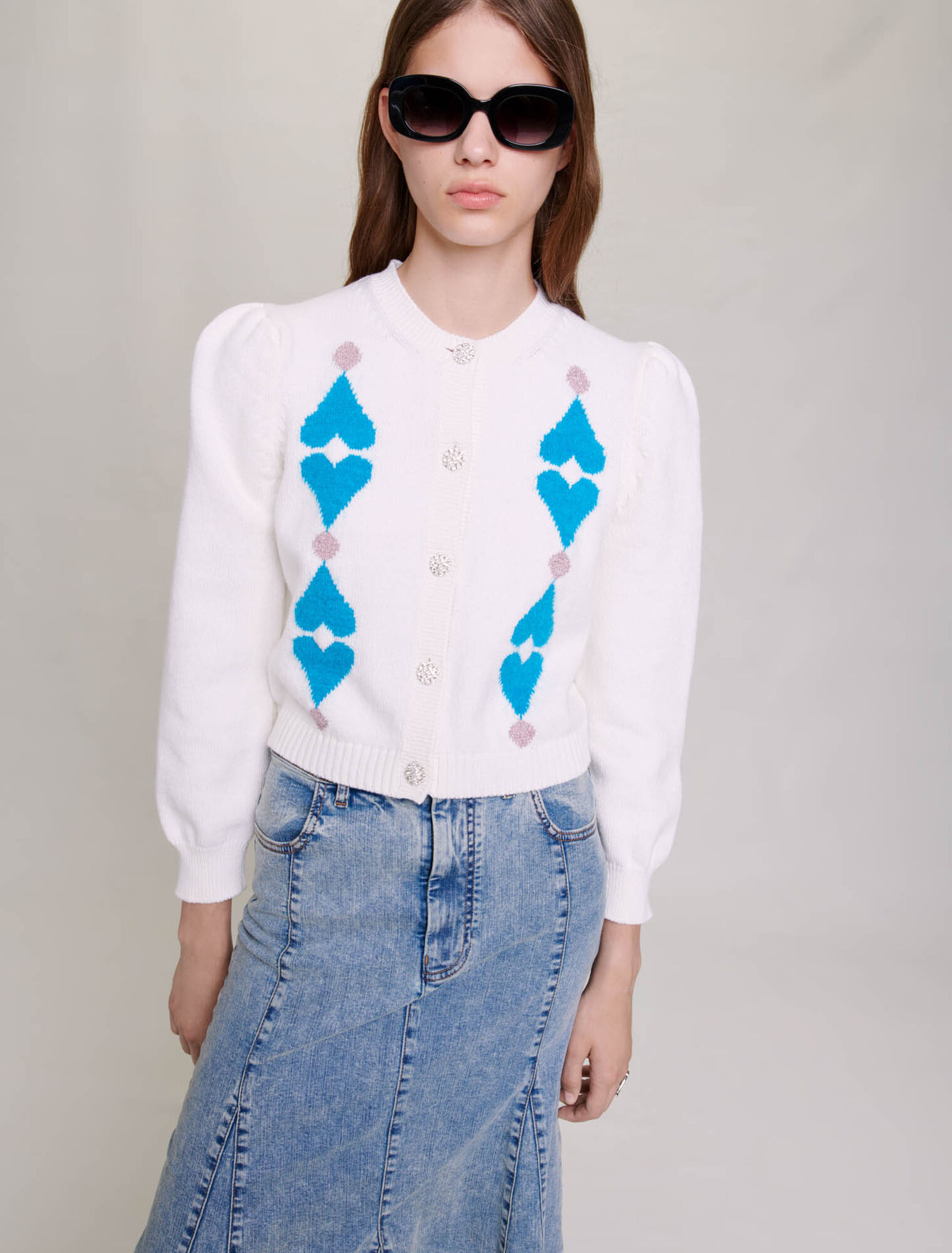 Rhinestone heart cropped cardigan