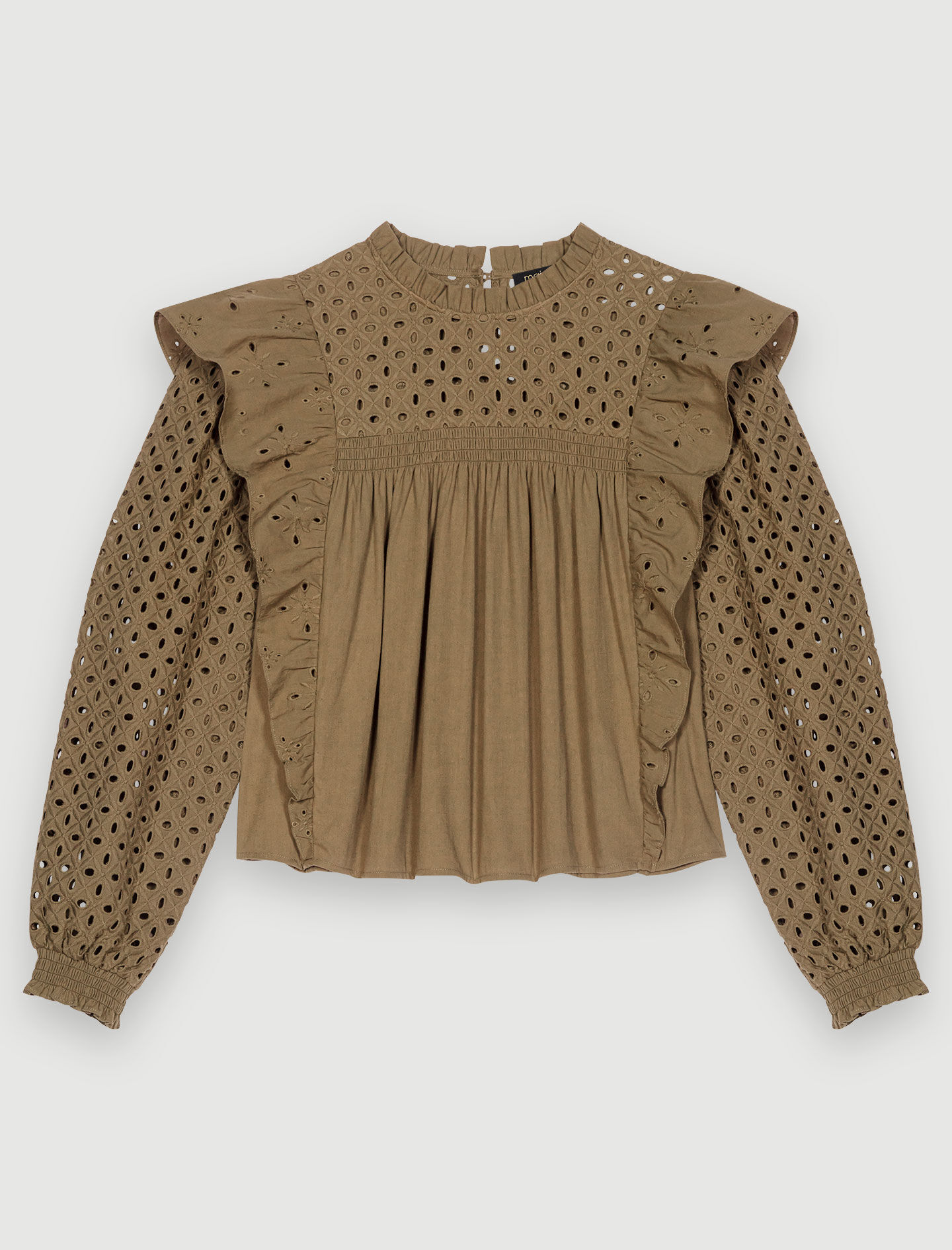Embroidered cotton top with ruffles Brown For Women | Maje