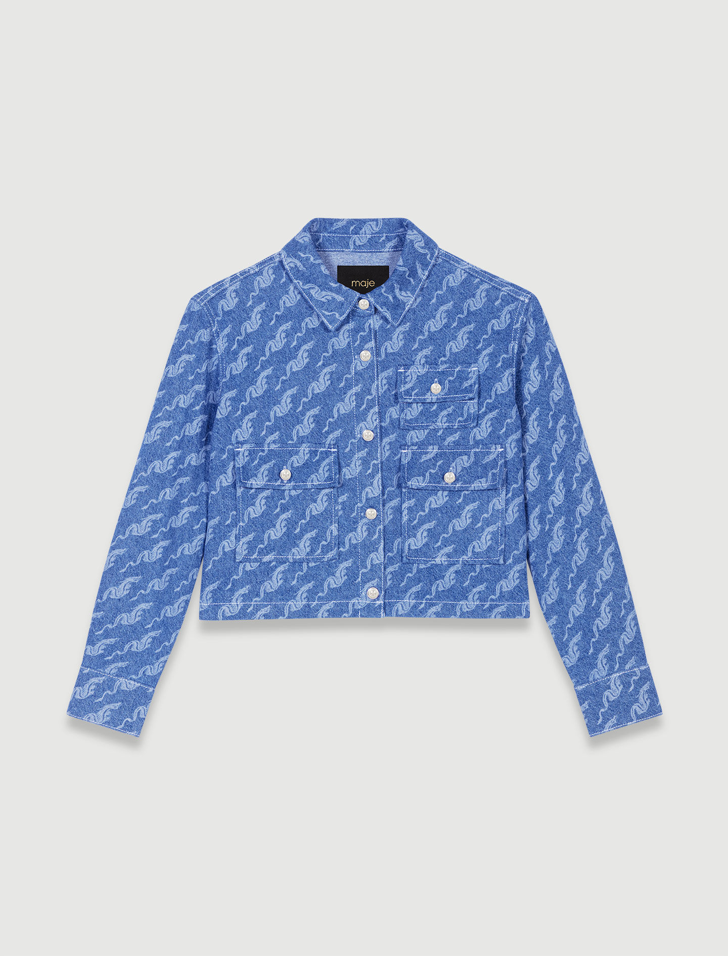 関税なし 送料無料 Embroidered Denim Shirt Logo Embossed Pocket and Multi-Print Boyfriend Denim Shirt