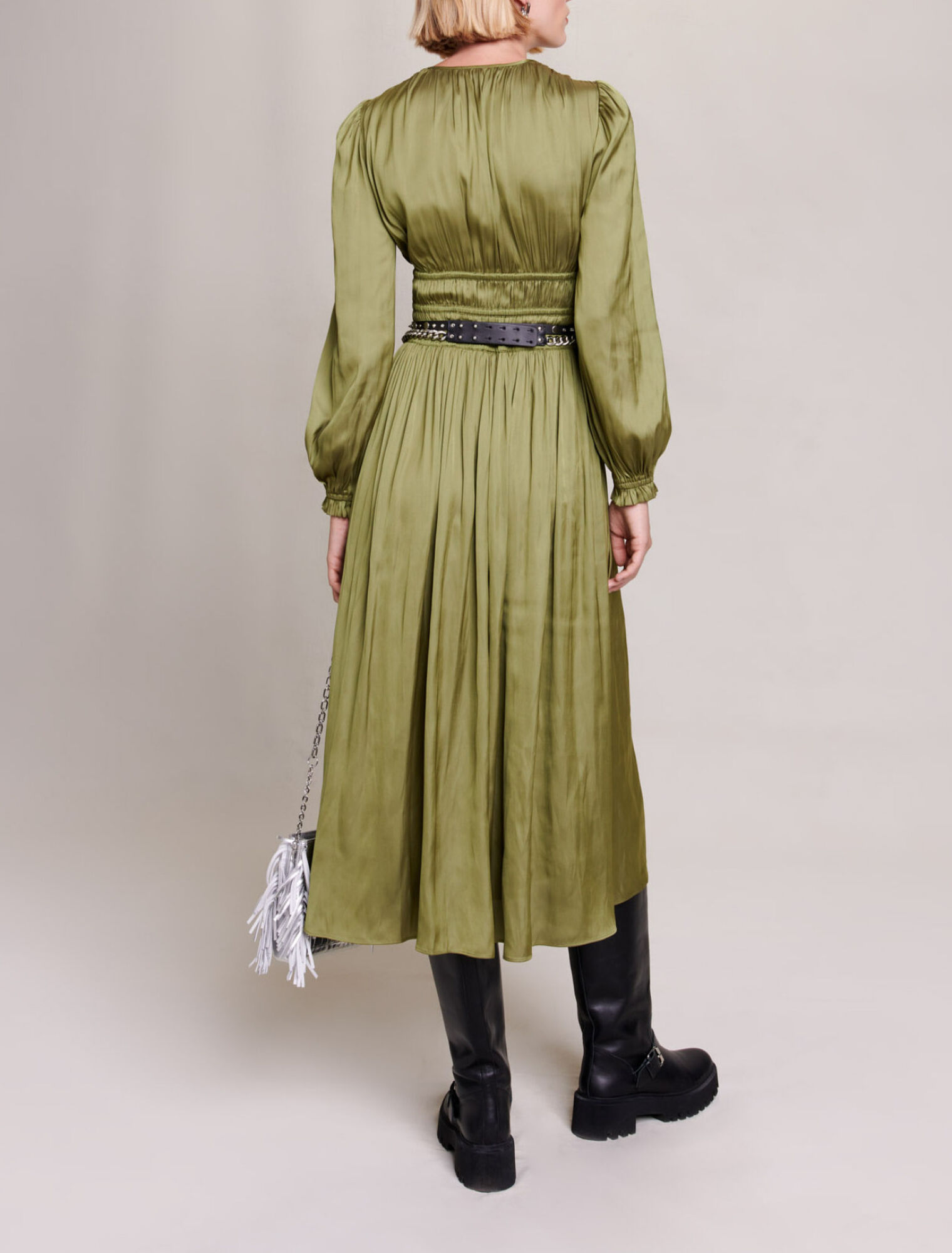 Satin-effect ruffled midi dress