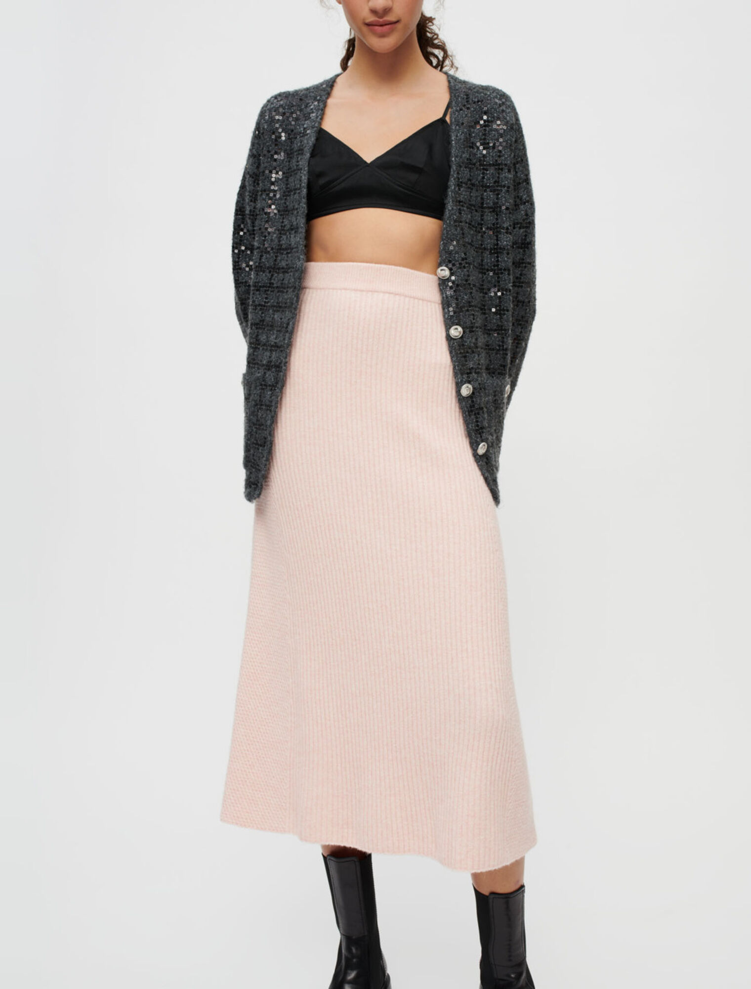 Ribbed stretch-knit midi skirt