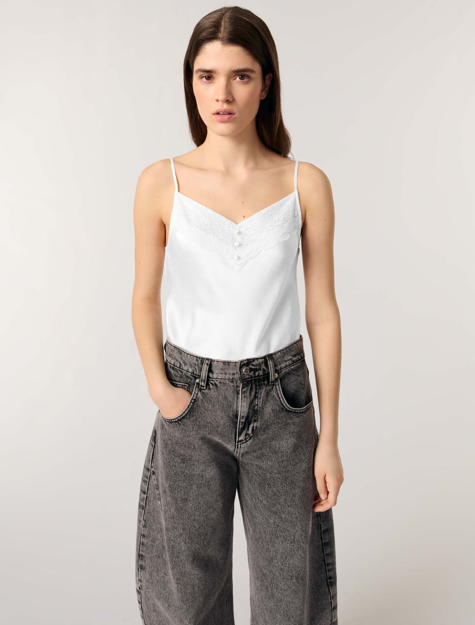 Silk satin and lace slip top