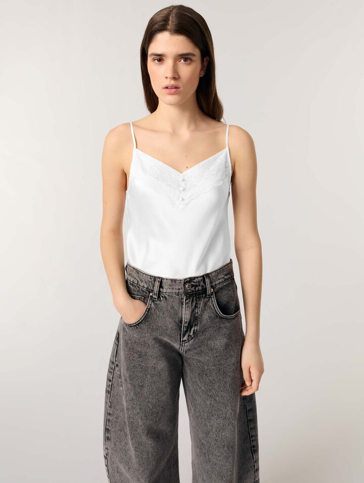 Silk satin and lace slip top