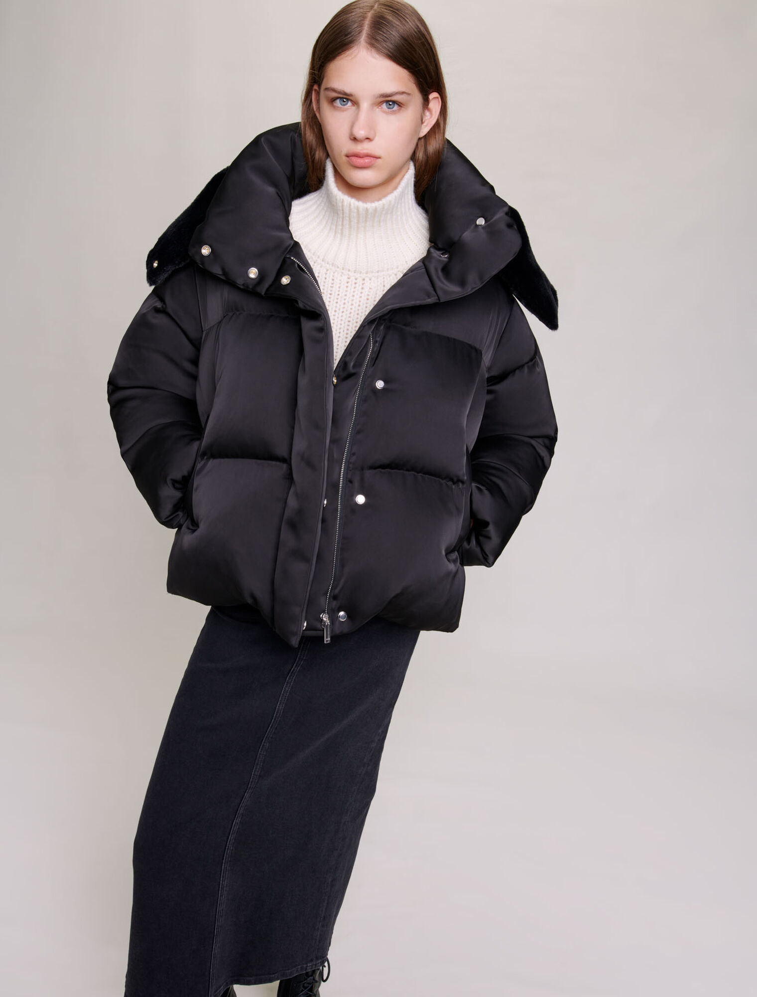Short satiny quilted puffer jacket