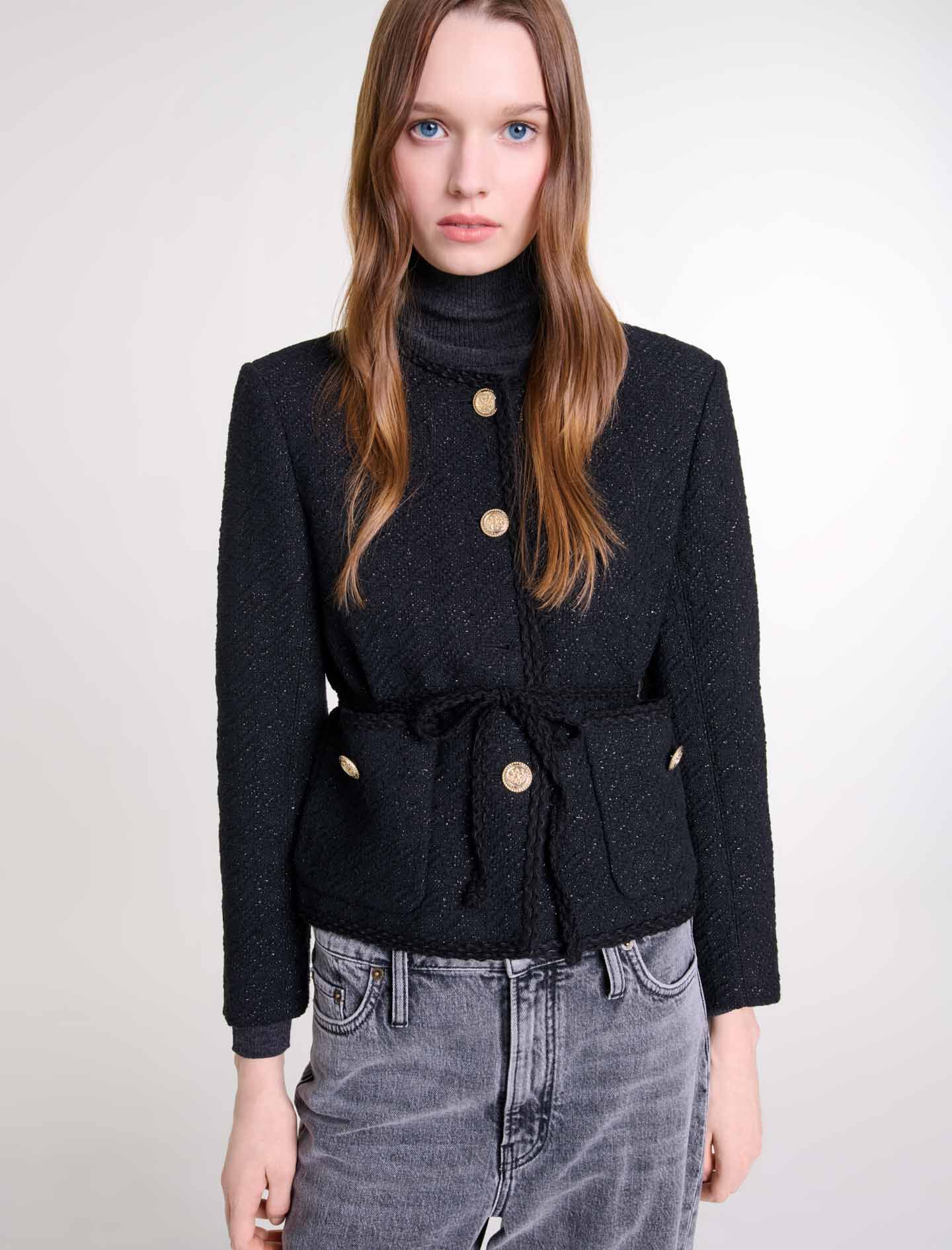 ずっと気になってた Gray / Black jacket tweed shiny Belted For Maje | Women ジャケット・アウター