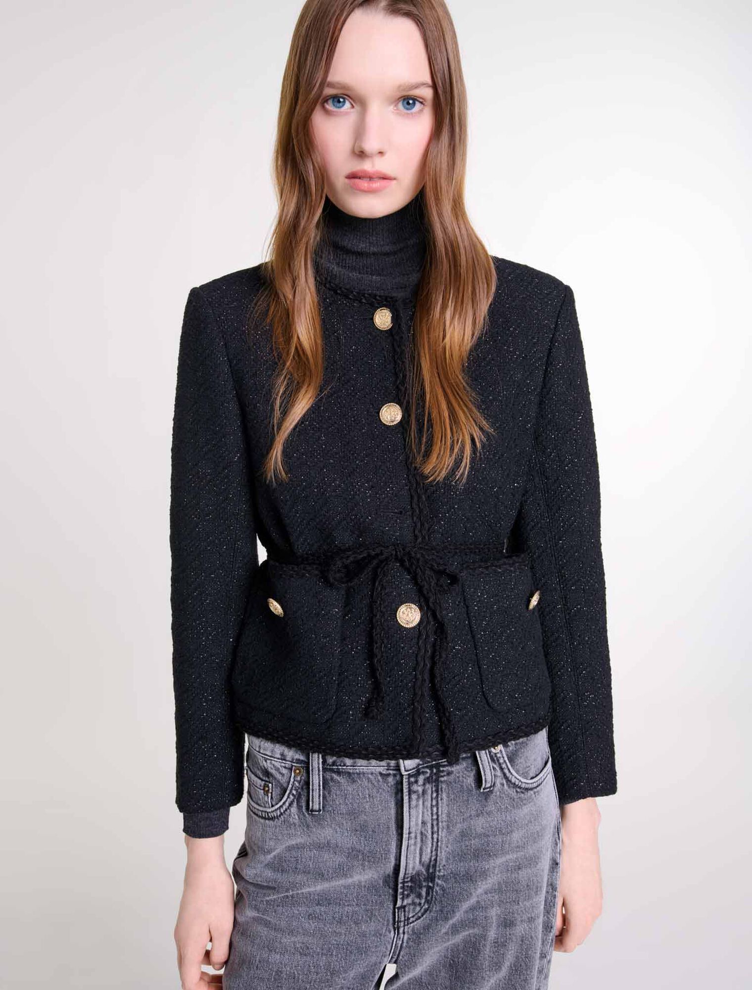 Belted shiny  tweed jacket