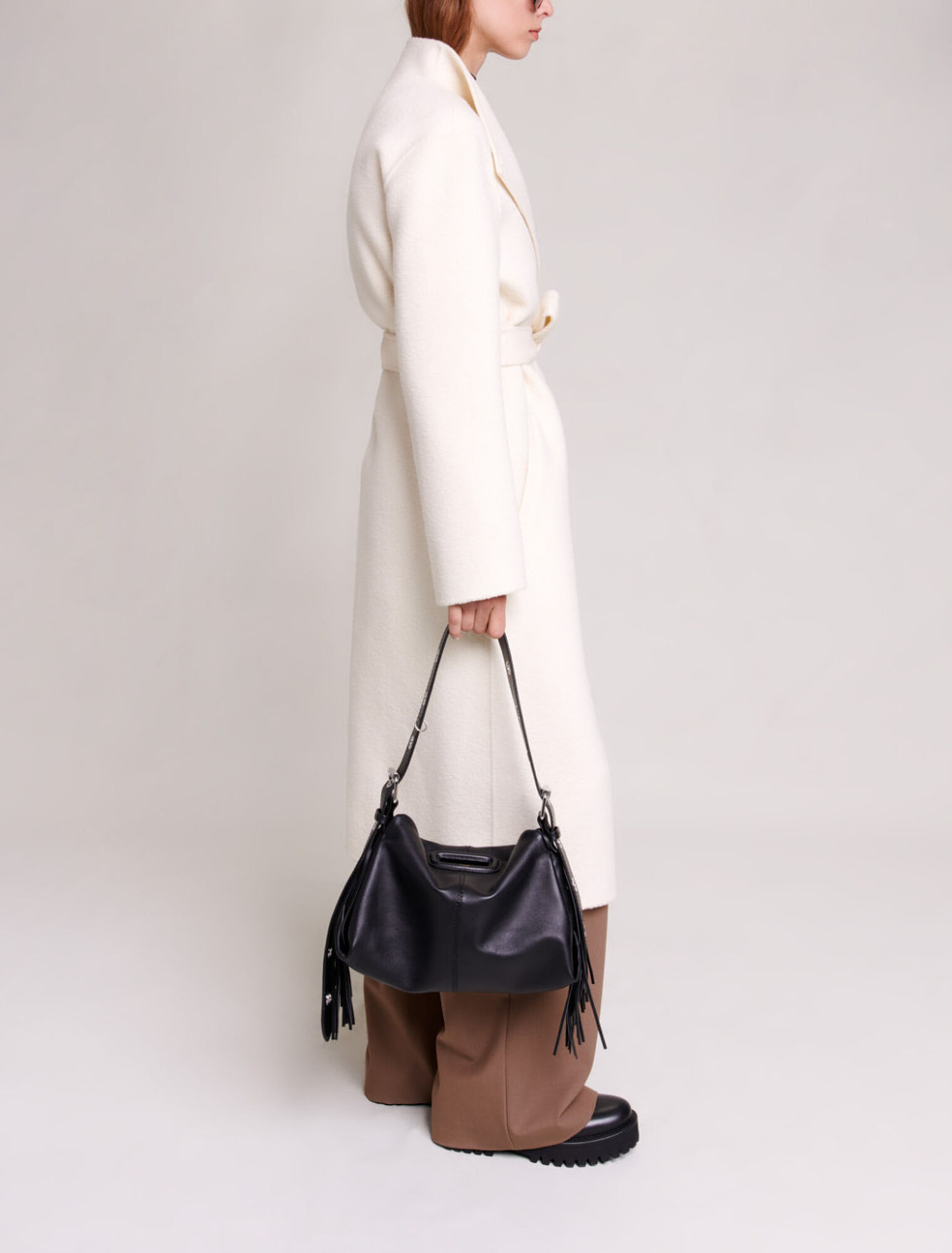 Mid-length coat with tie fastening