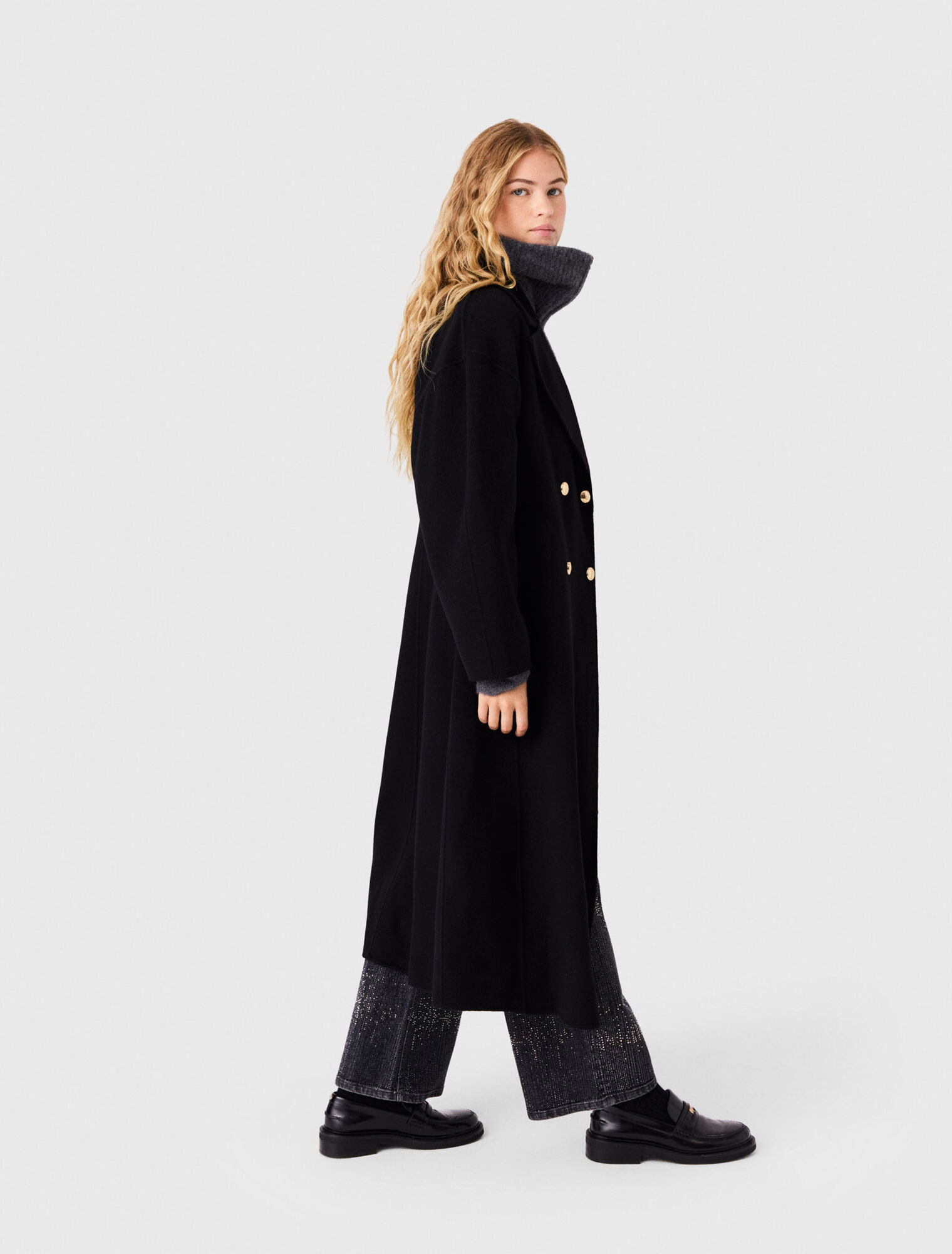 Long double-breasted wool coat
