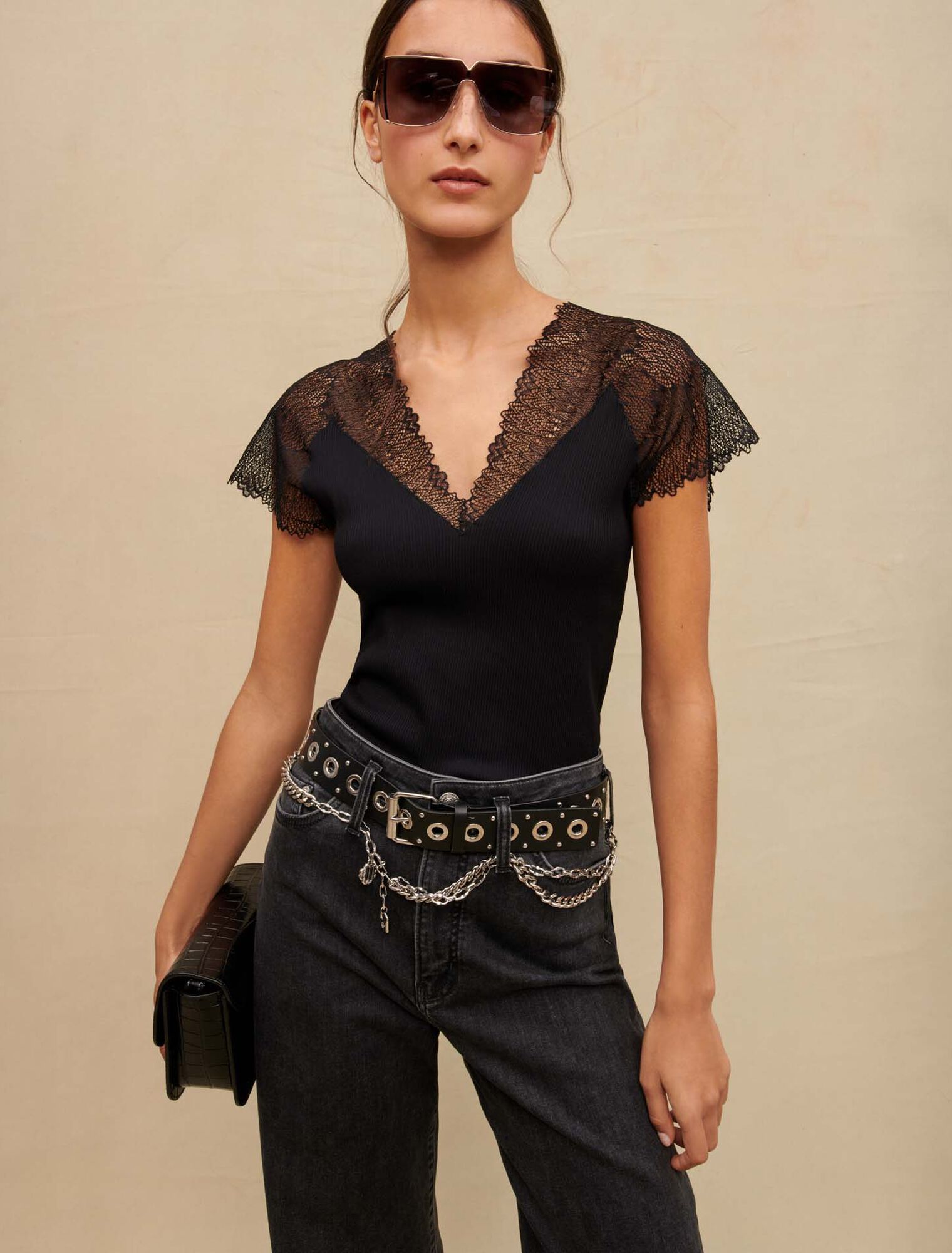 Jersey top with lace trim