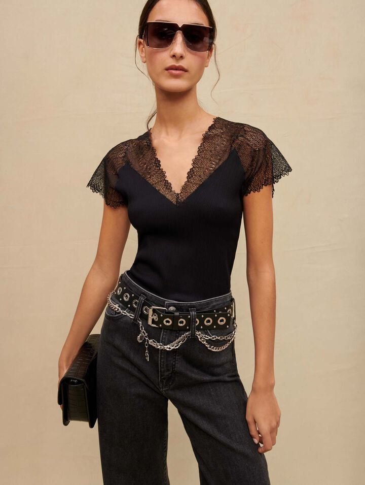 Jersey top with lace trim