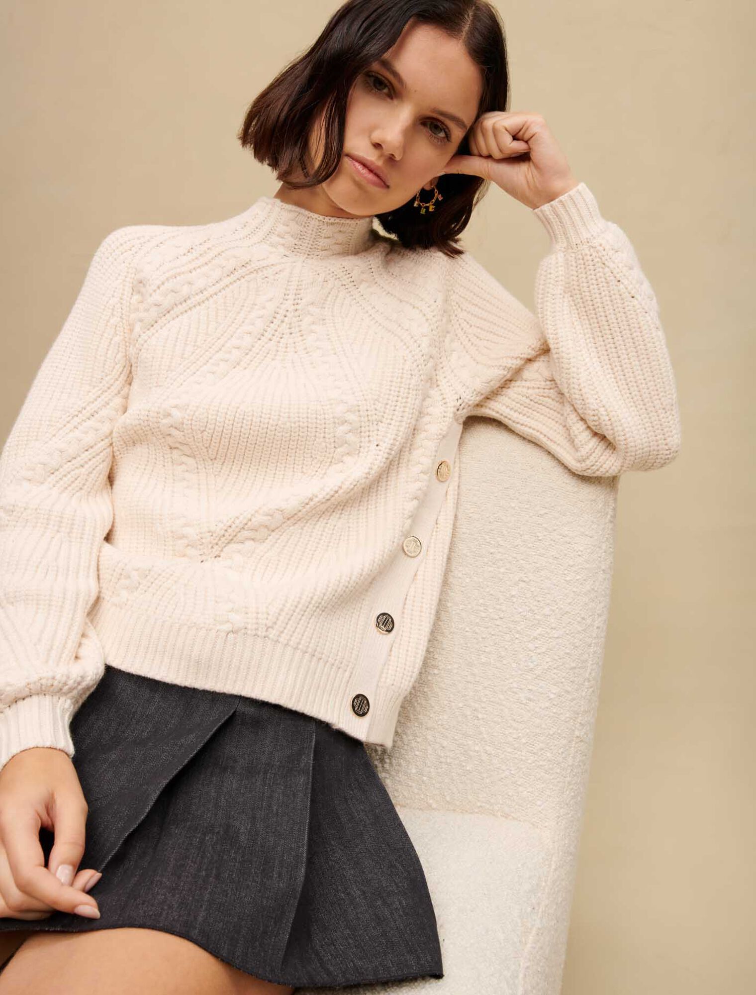 Ecru braided knit sweater