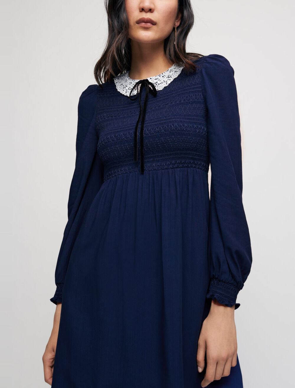 Smocked dress with guipure collar