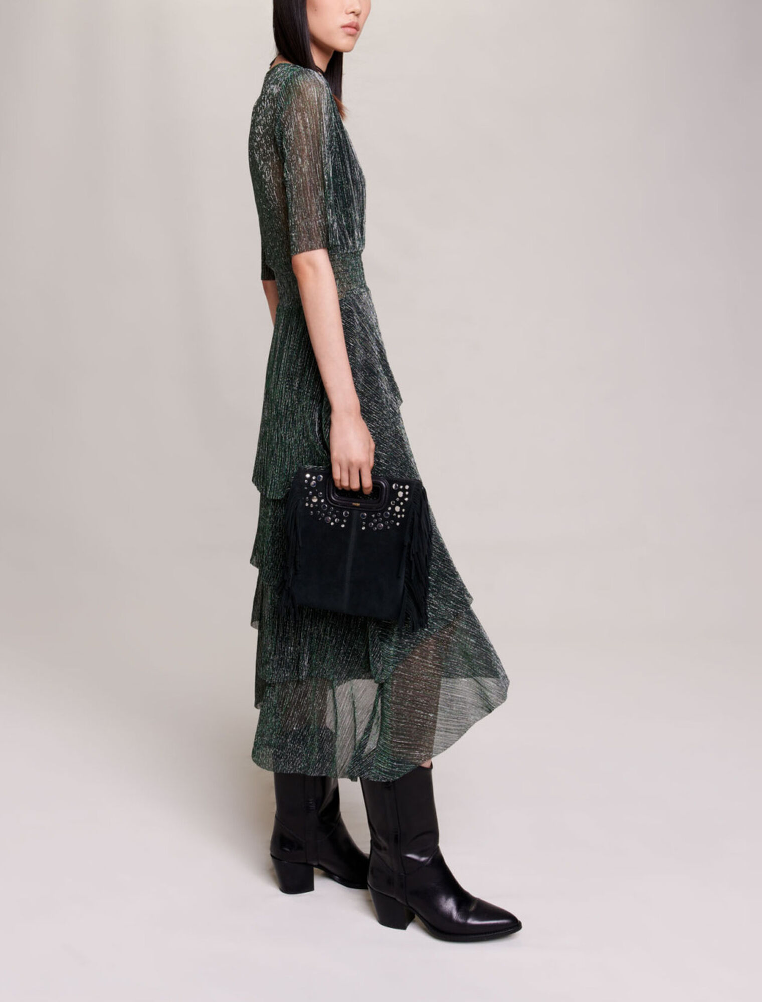 Metallic fiber dress with ruffles
