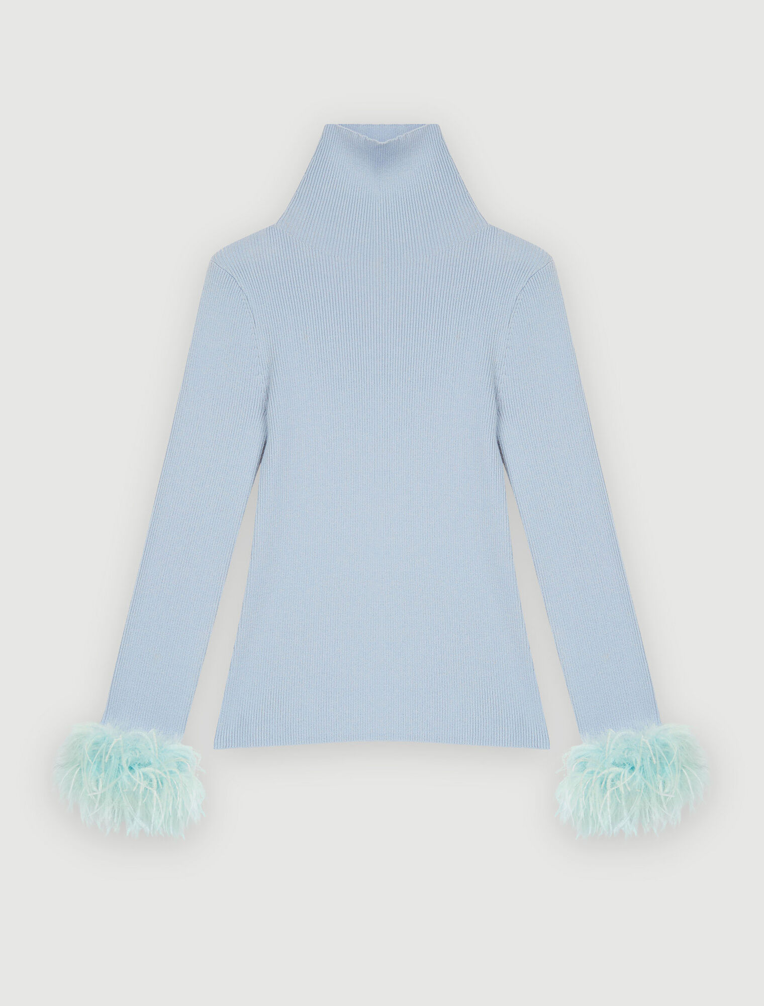 Turtleneck pullover with feathered cuffs