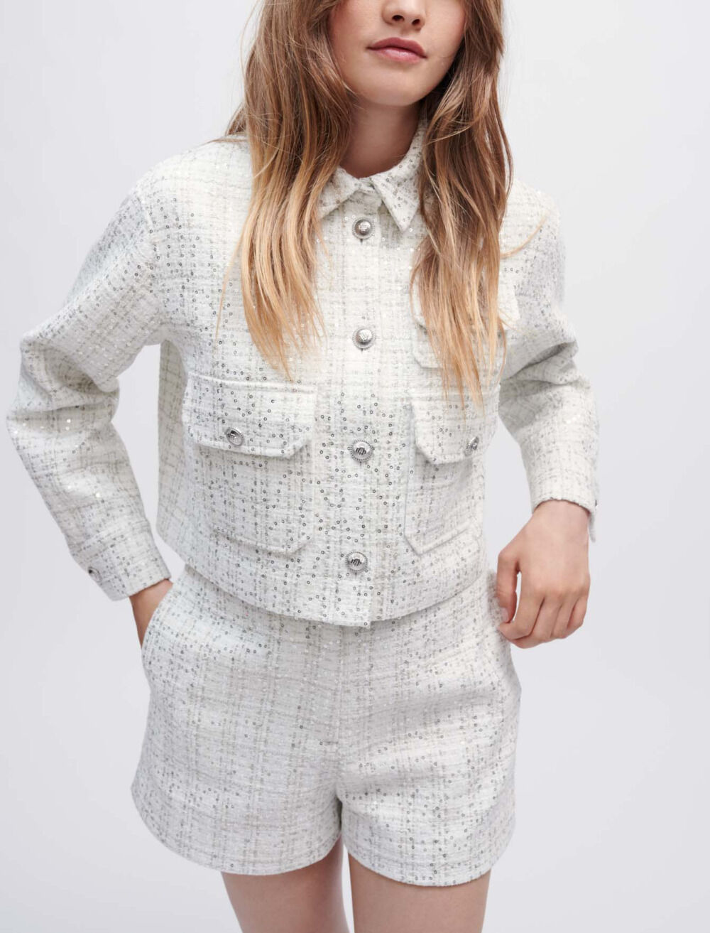 Sequinned ecru tweed shorts White For Women | Maje