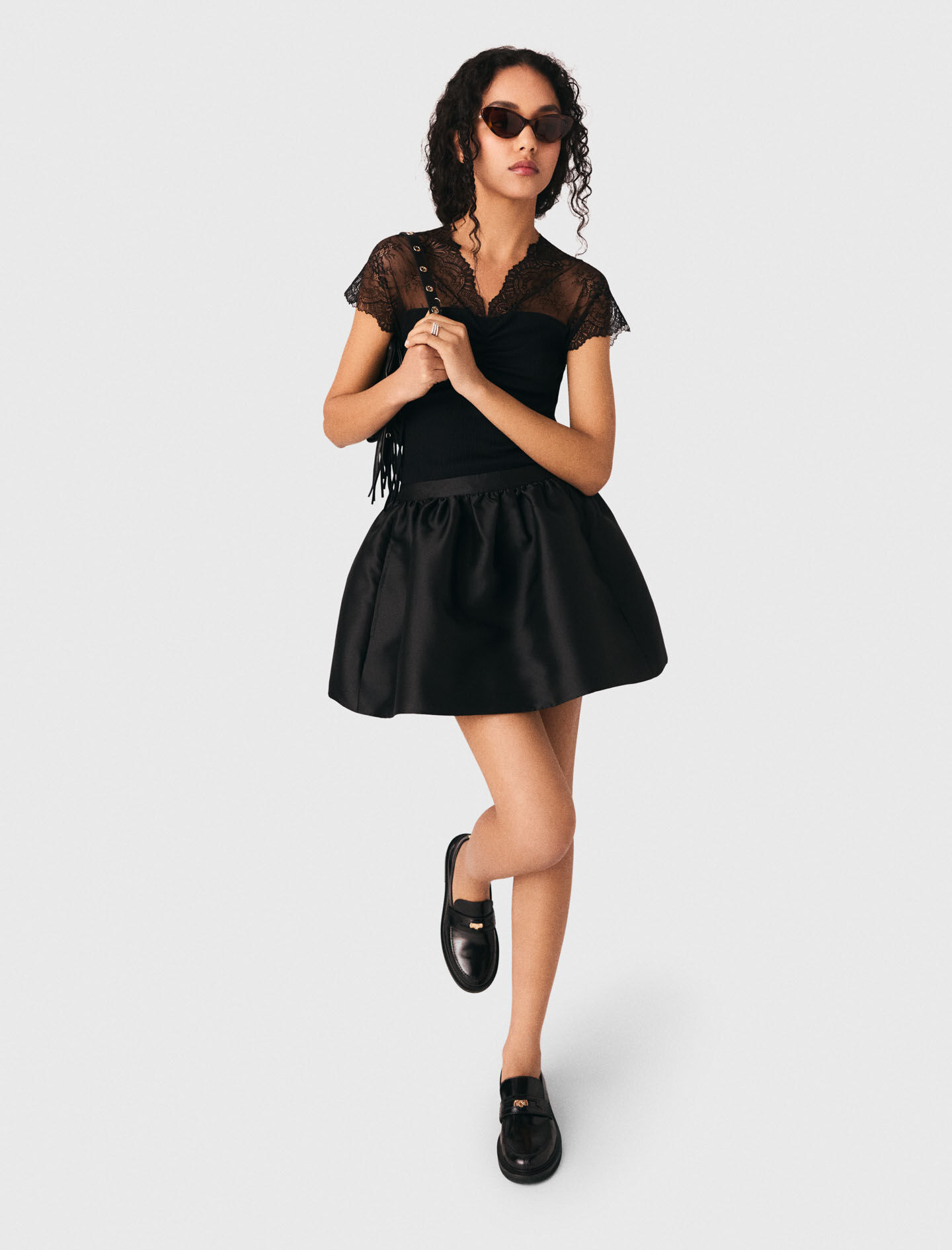 Jersey top with lace trim Black / Gray For Women | Maje