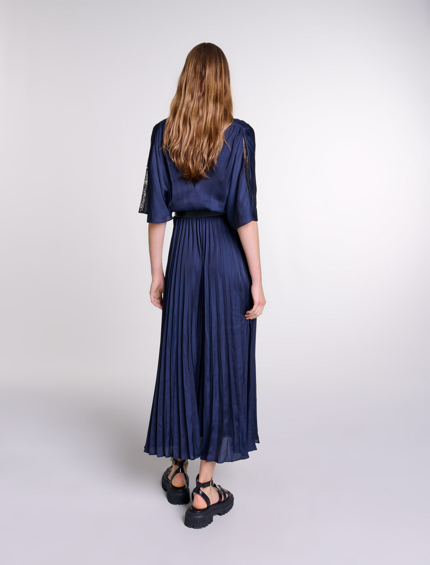 Pleated maxi dress with lace Bicolor For Women | Maje Pleated maxi dress with lace Bicolor For Women | Maje