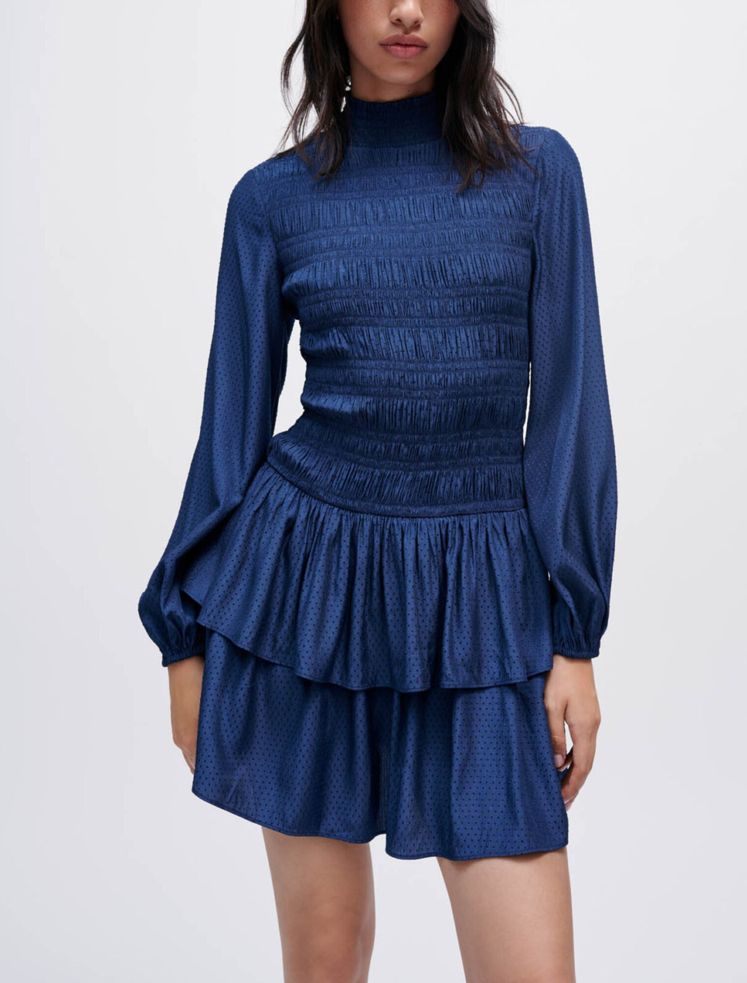 Flounced satin smocked dress