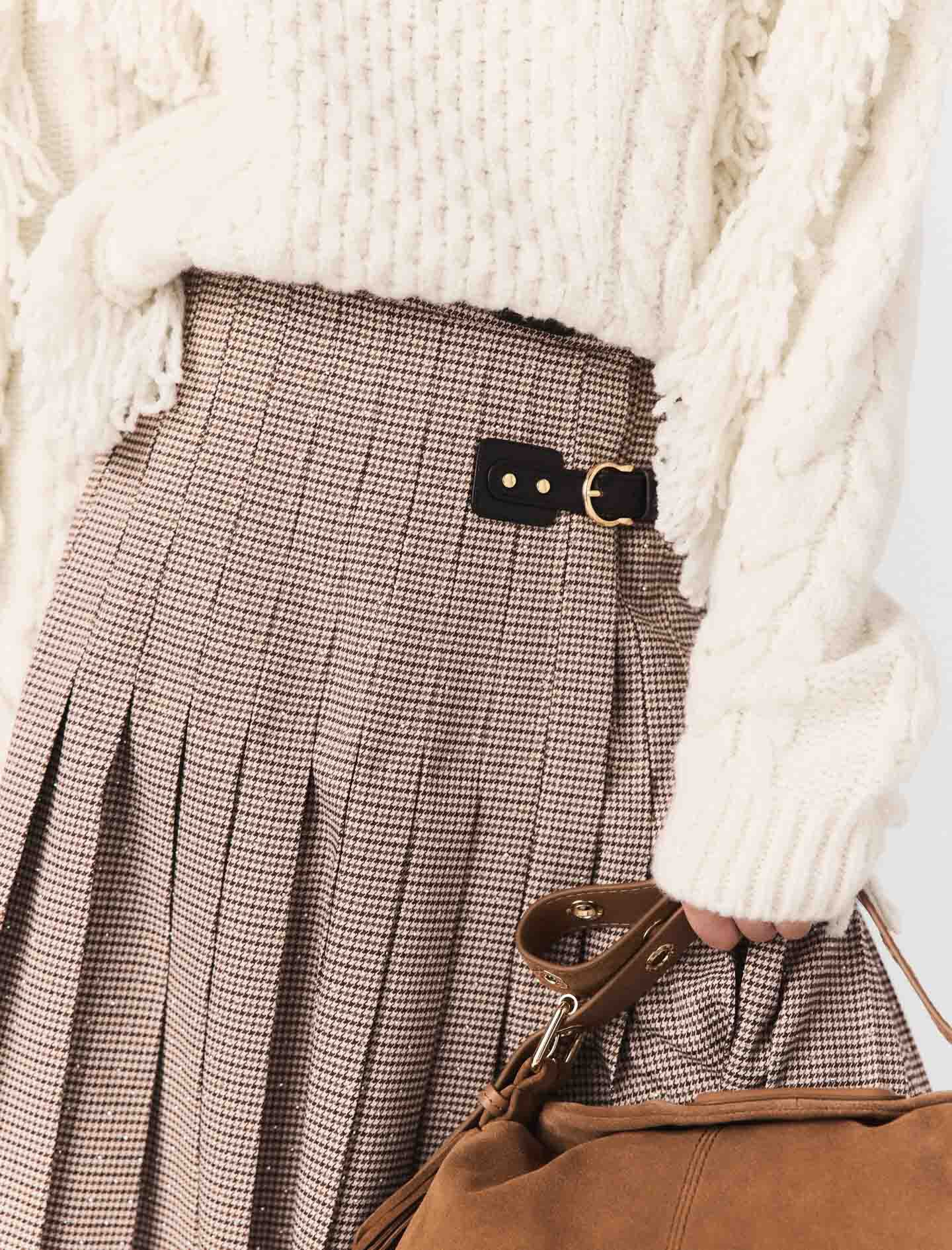 Pleated checked midi skirt Brown For Women | Maje