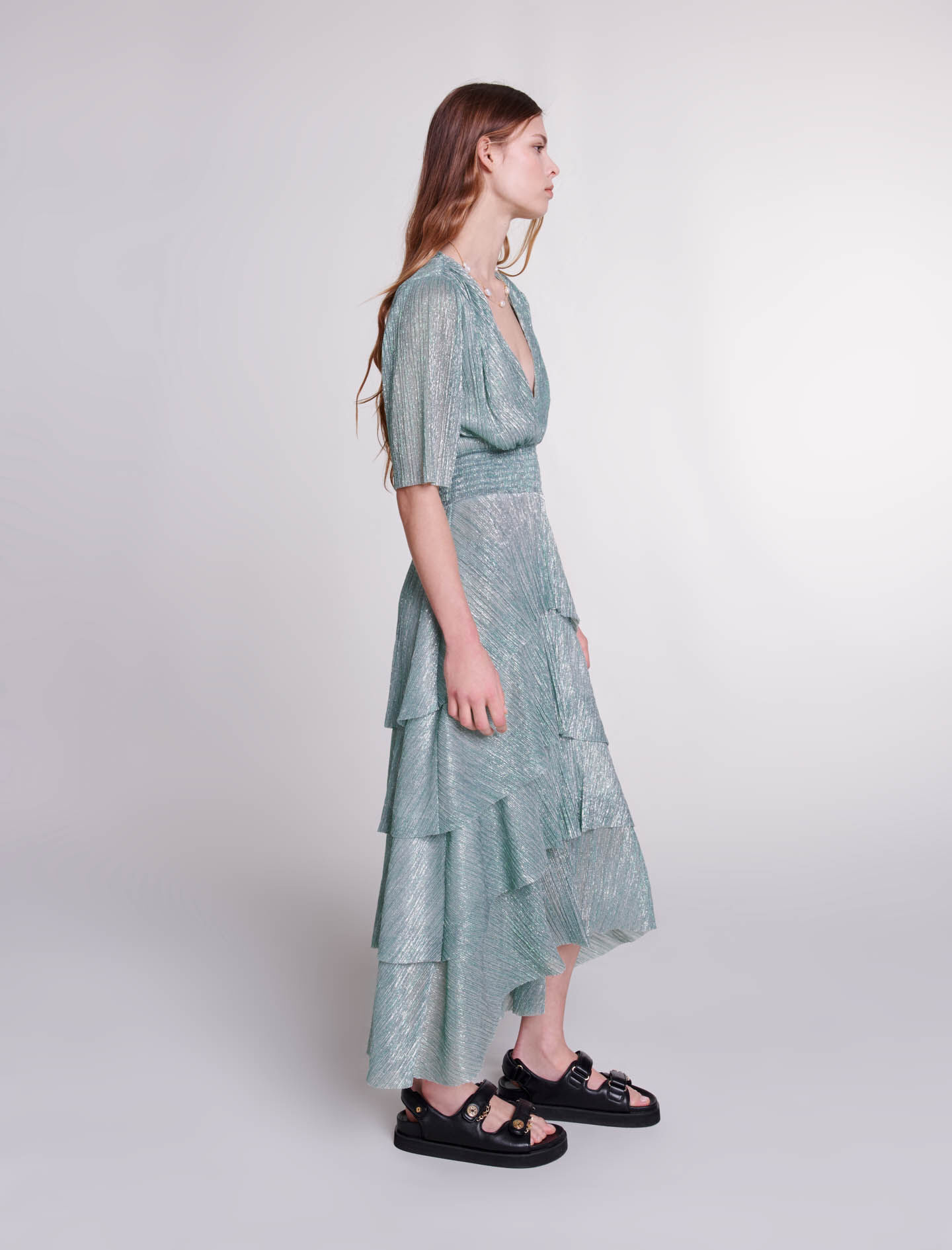 MAJE [マージ] Ruffled Layered Knit Dress Ruffled dress Black / Gray For Women | Maje