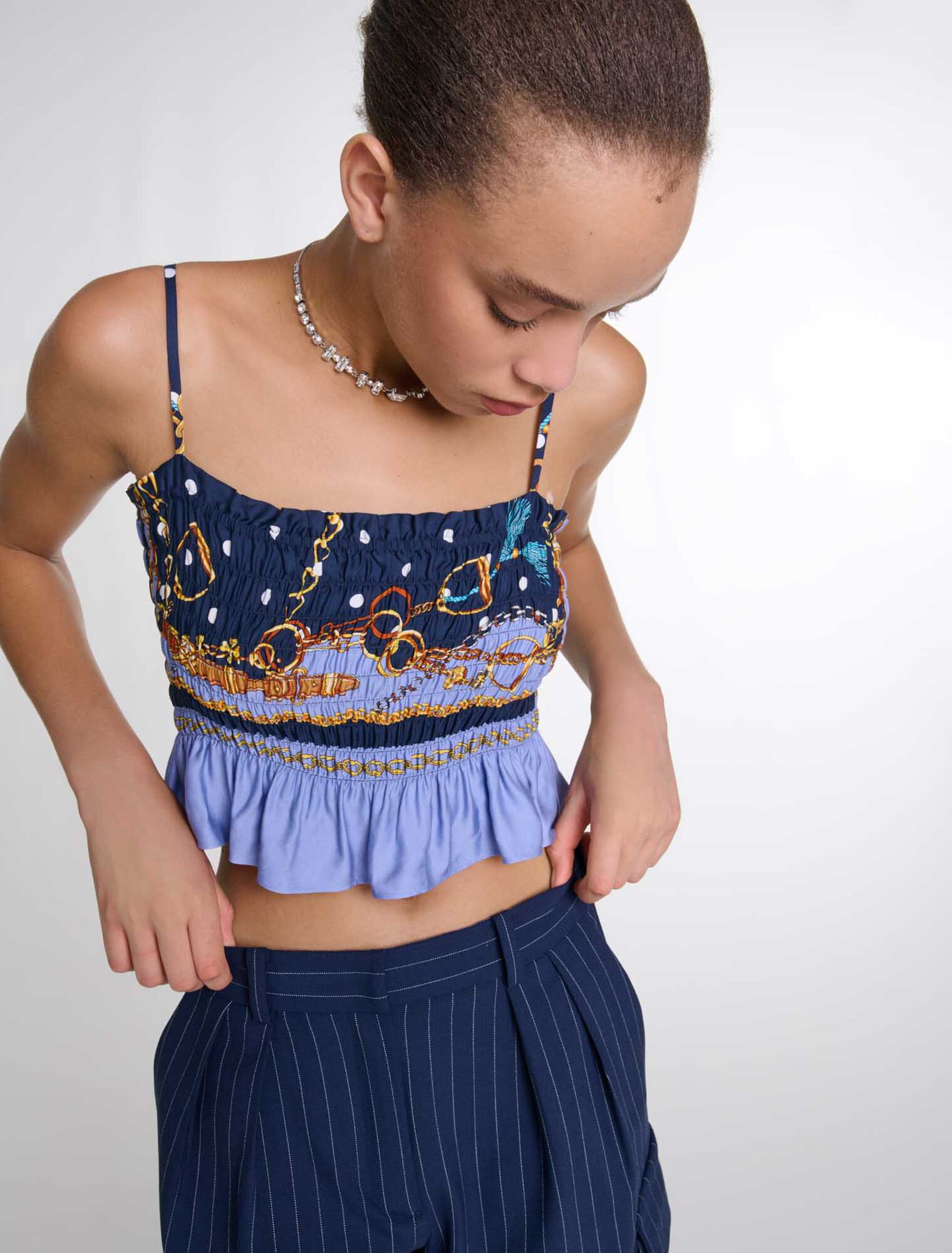 Printed smocked crop top