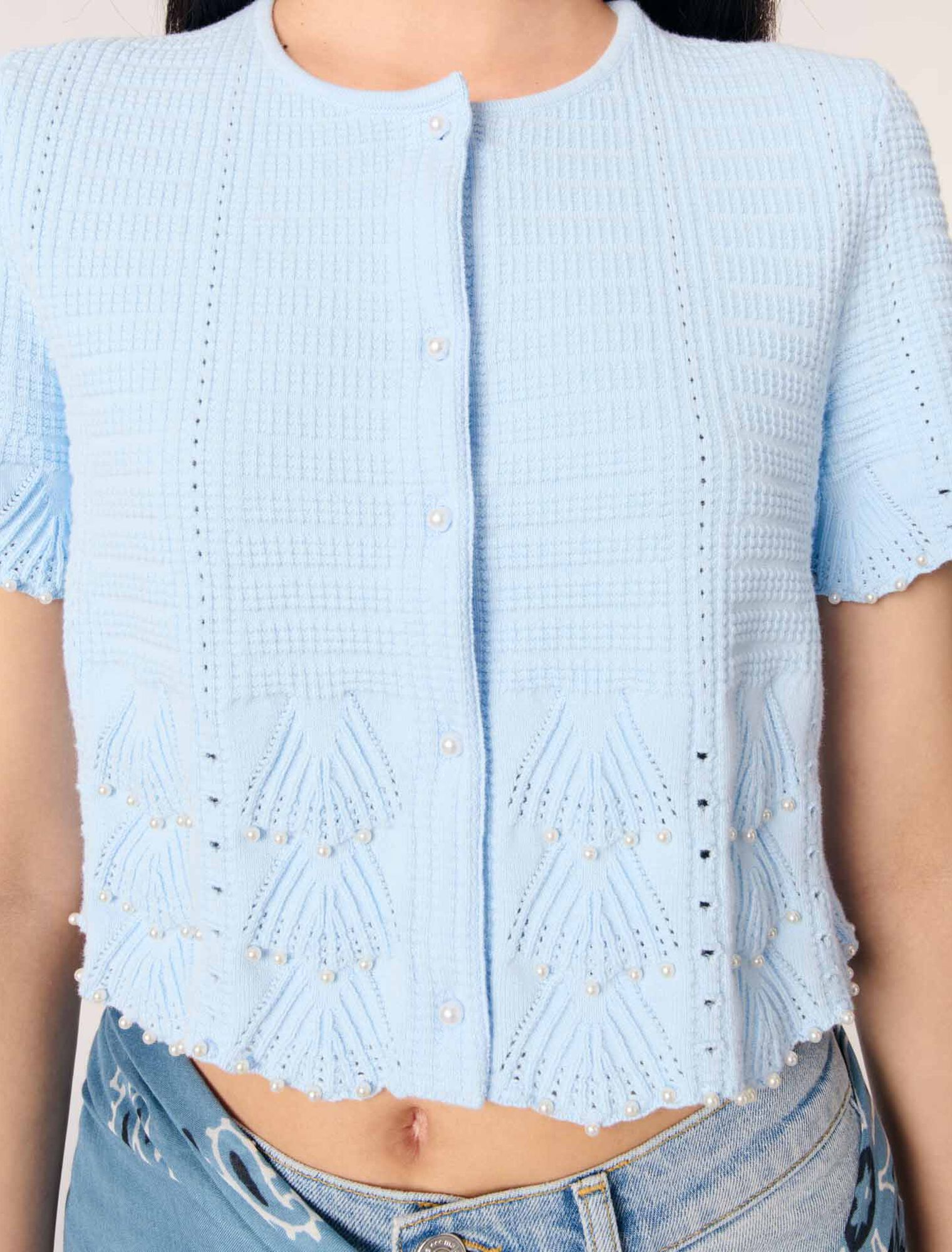 Pointelle knit short sleeve cardigan