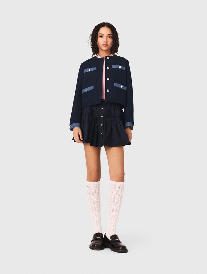 Tweed jacket with denim trim