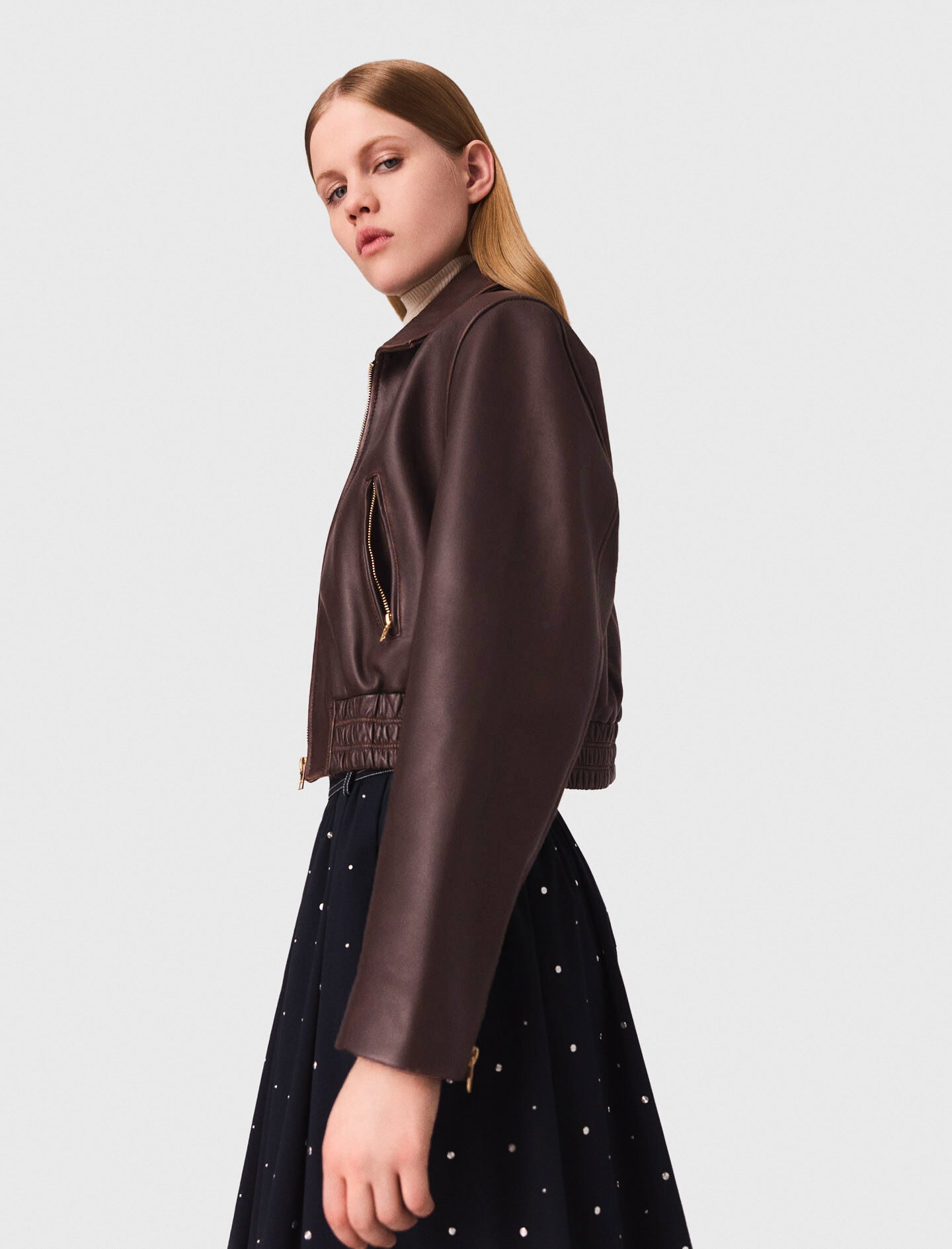 Vintage leather cropped jacket Brown For Women | Maje